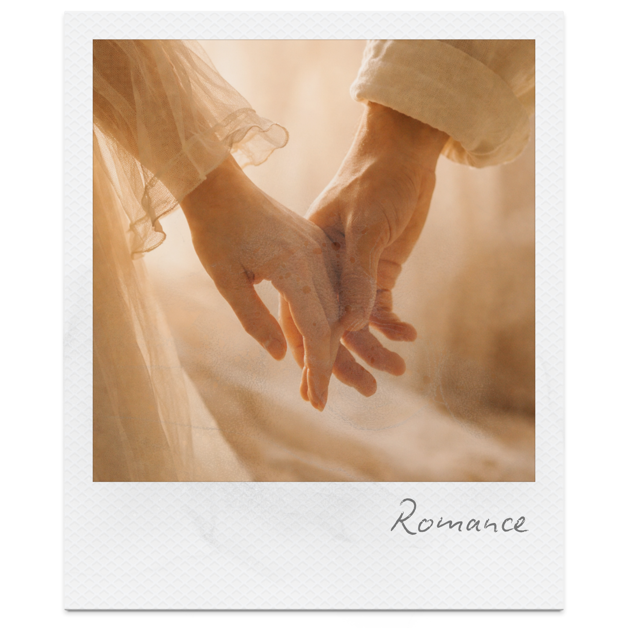 Two hands holding each other, emphasizing connection and intimacy, with the word 'Romance' written on the bottom right.