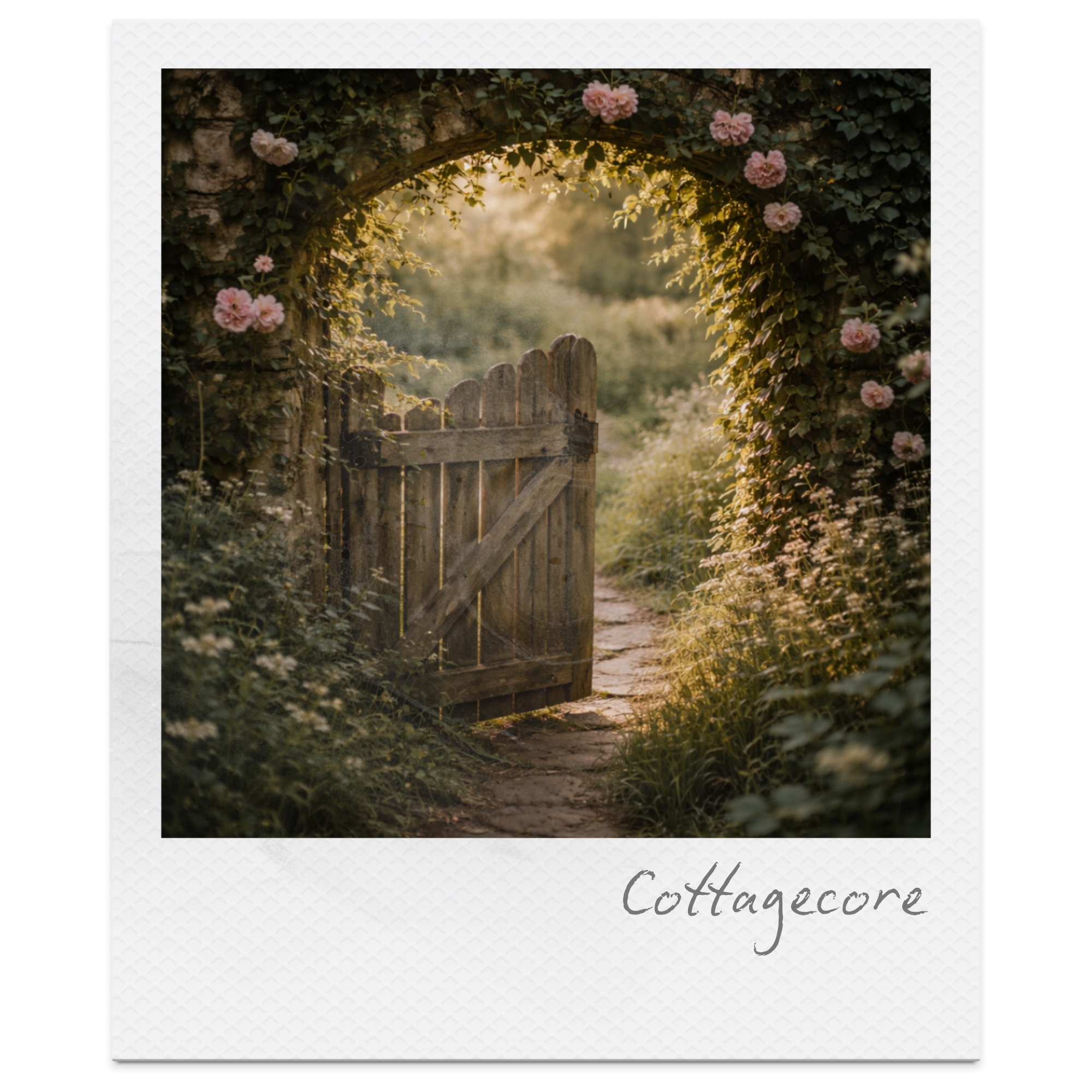 A rustic wooden gate open to a garden with overgrown plants and pink roses, framed by an archway covered in greenery and flowers, with a narrow stone path leading through the garden, titled "Cottagecore."