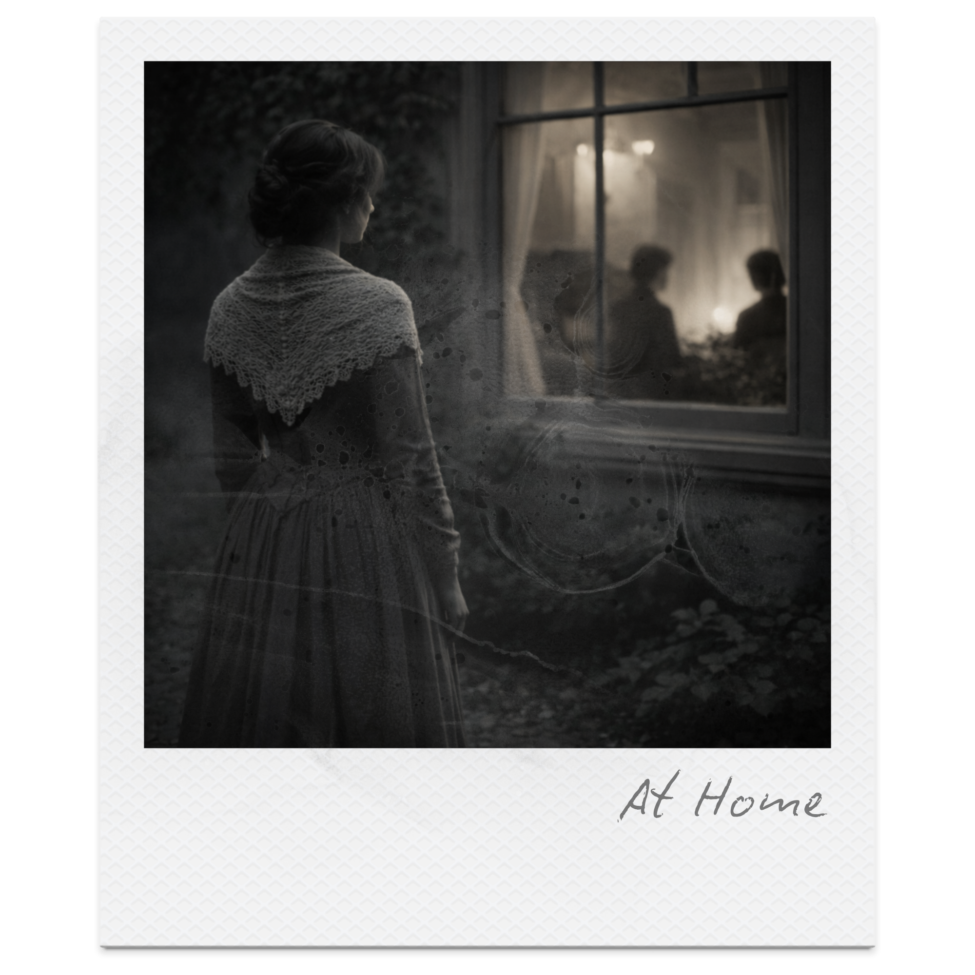 A woman in a vintage dress and shawl looks out the window at a family sitting at a table inside a warmly lit room, reflected on the glass, with the caption "At Home".