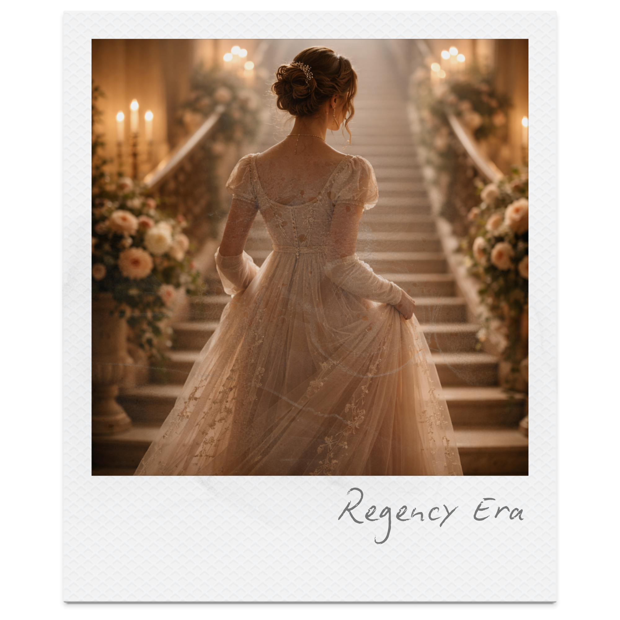 A woman in a vintage wedding dress walking up a decorated staircase with flowers and candles, holding the skirt of her dress, labeled 'Regency Era'.