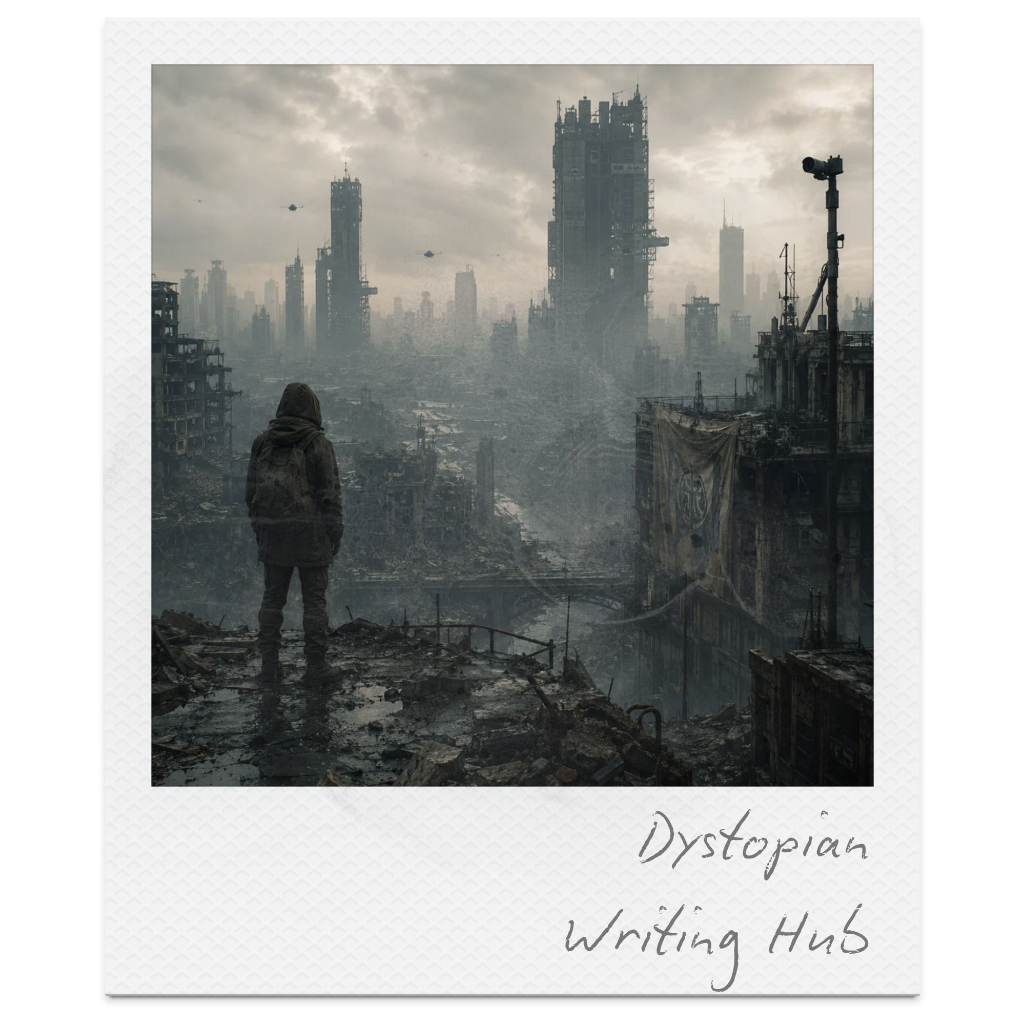 A person wearing a hoodie standing amidst a dystopian, ruined cityscape with tall, dilapidated skyscrapers and helicopters flying in a cloudy, gray sky. The image conveys a post-apocalyptic setting.