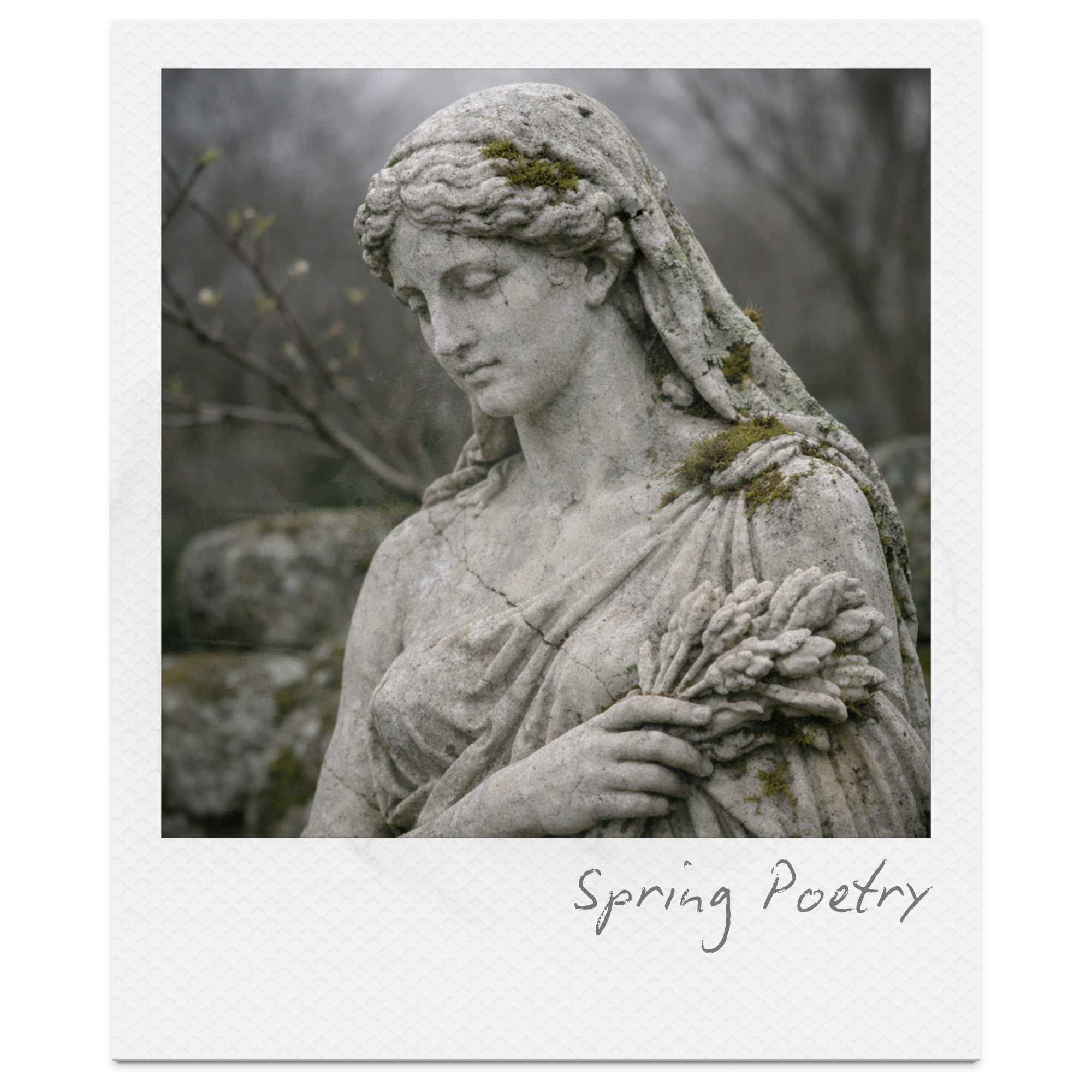 A weathered stone sculpture of a woman's face, with moss growing on her hair and shoulder, set outdoors with blurred trees in the background. The photo is part of a spring poetry collection.