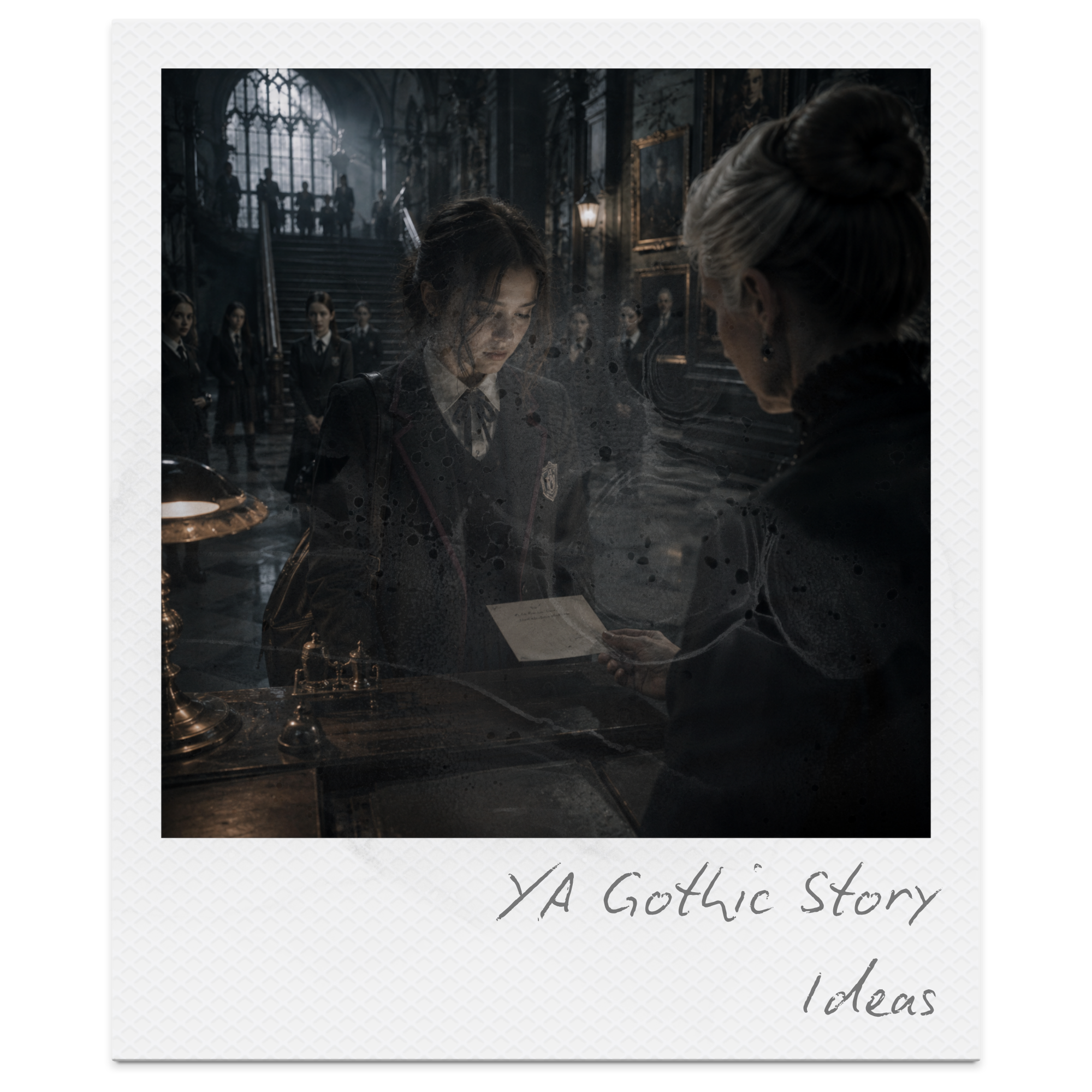 A scene from the Harry Potter series featuring the Great Hall with students and staff, with a reflection on a glass surface showing the scene behind it. Handwritten text reading 'YAGHLIC Story ideas' is at the bottom.