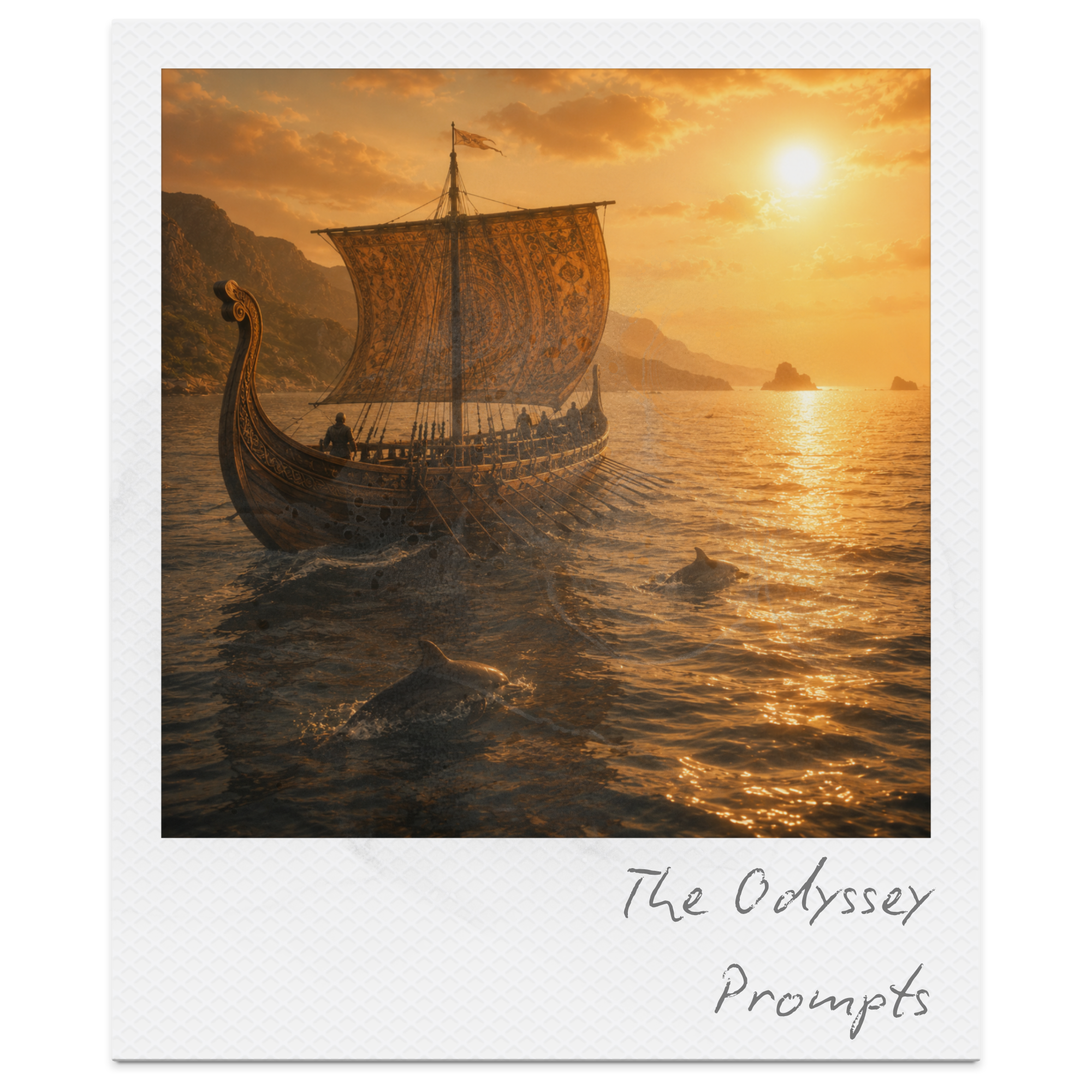 A Viking ship with an ornate decorated sail sailing on the water during sunset with mountains in the background.