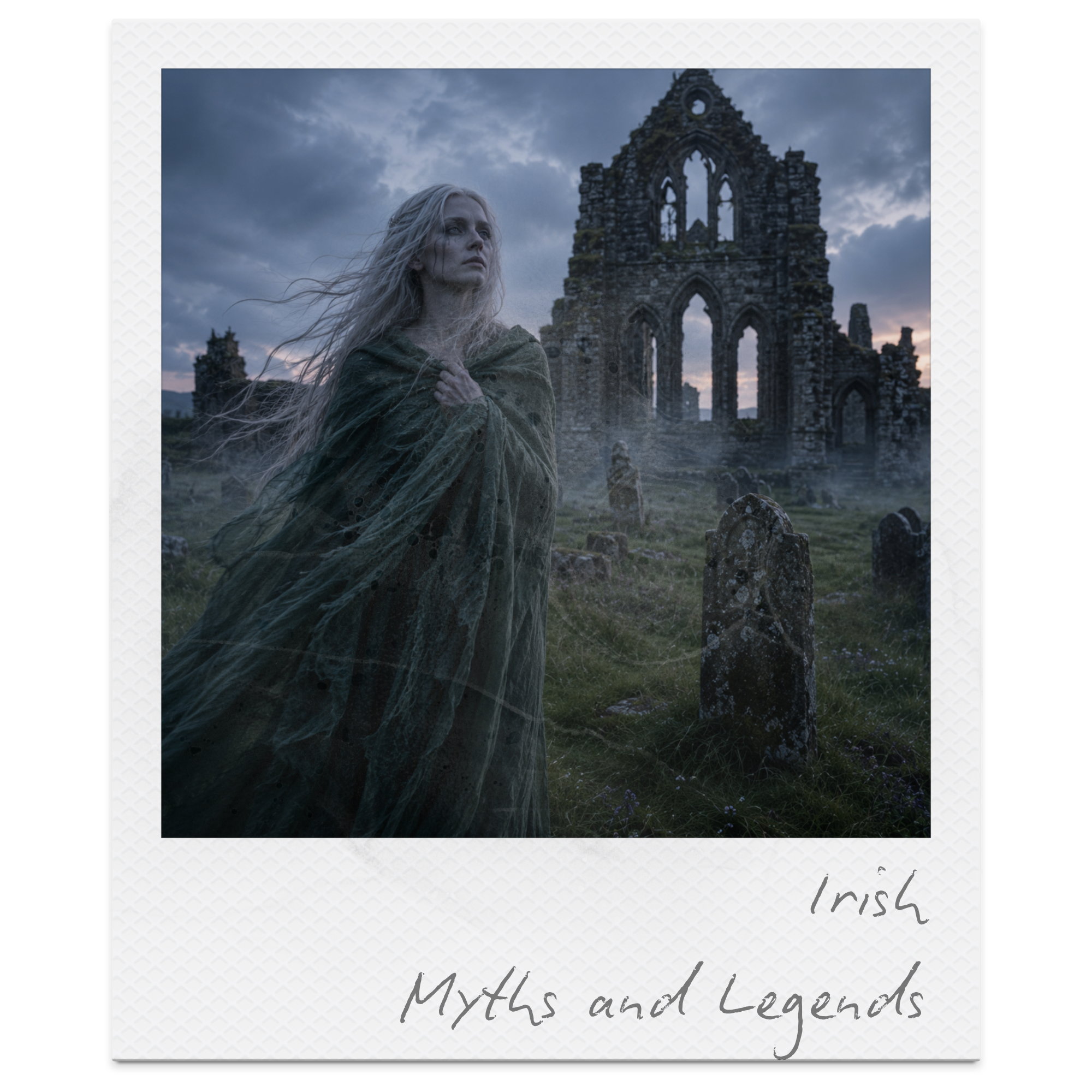 A woman with long blonde hair standing among the ruins of an old stone church or castle, looking pensively into the distance under a cloudy sky during dusk.