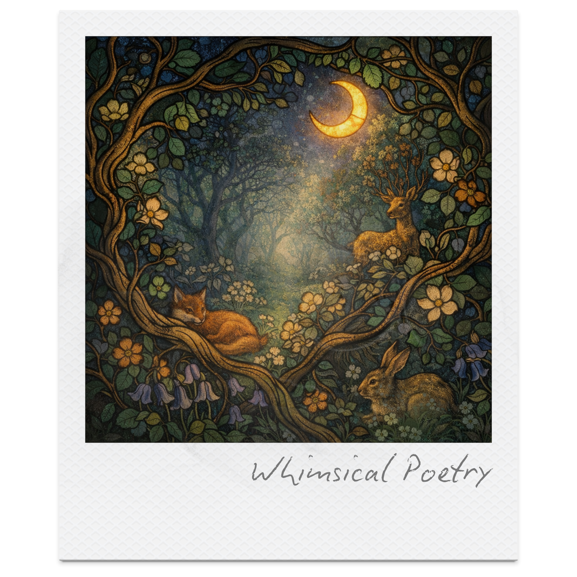 An artistic illustration depicting a forest scene with trees, flowers, and two lion cubs. A crescent moon shines in the sky, casting a warm glow over the scene. The lower part of the image includes handwritten text that says 'Wimsical Poetry'.