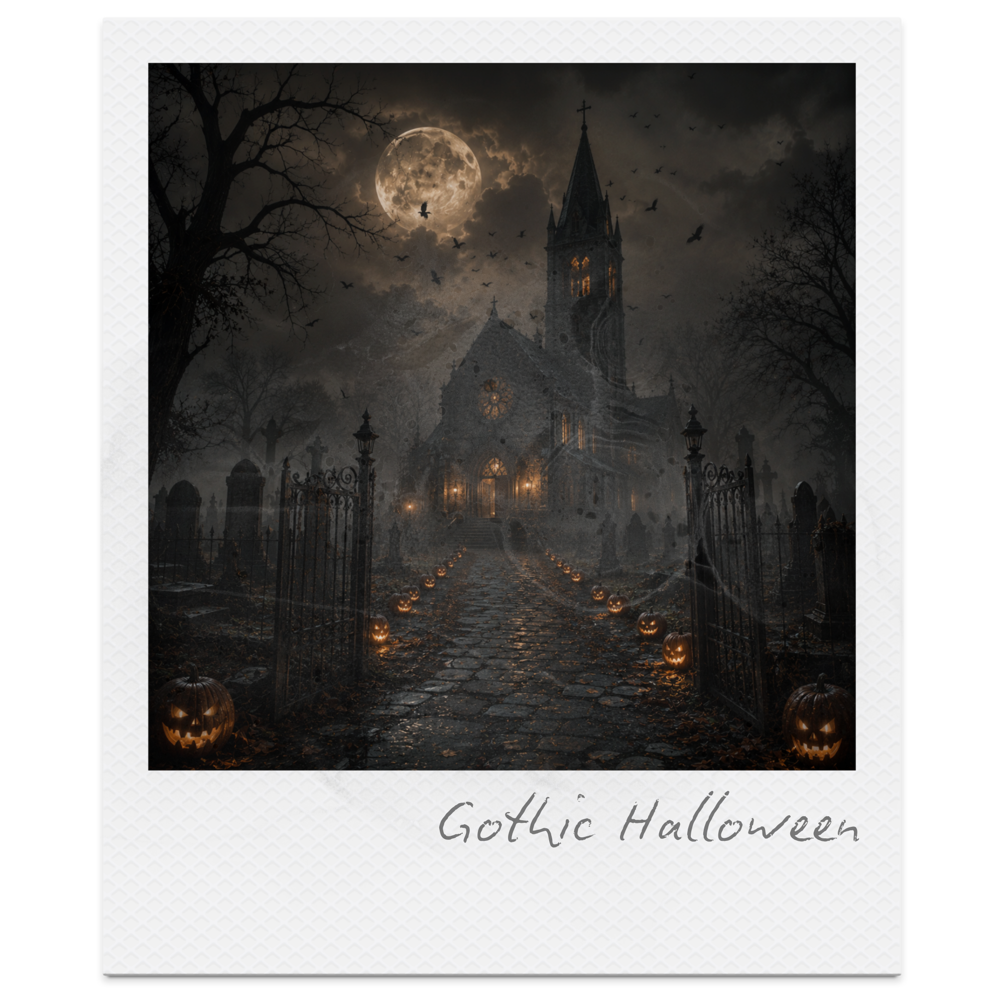 Spooky Halloween scene featuring a church silhouette, large full moon, bats flying, leafless trees, and carved pumpkins along a stone pathway with lanterns.