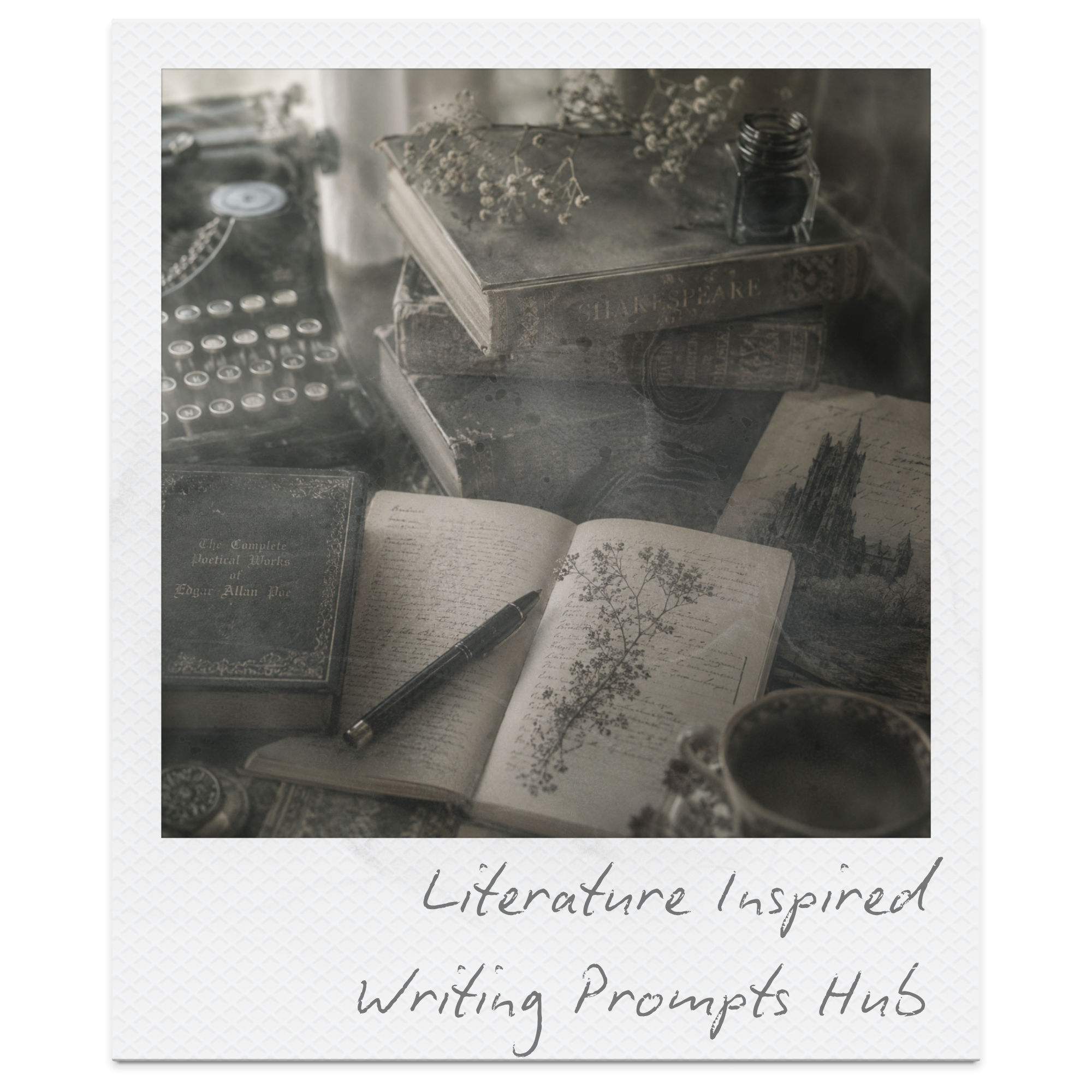 A shelf with vintage books, a bottle of ink, and writing supplies, including a pen, with the words 'Literature inspired Writing Prompt Hub' partially visible at the bottom.