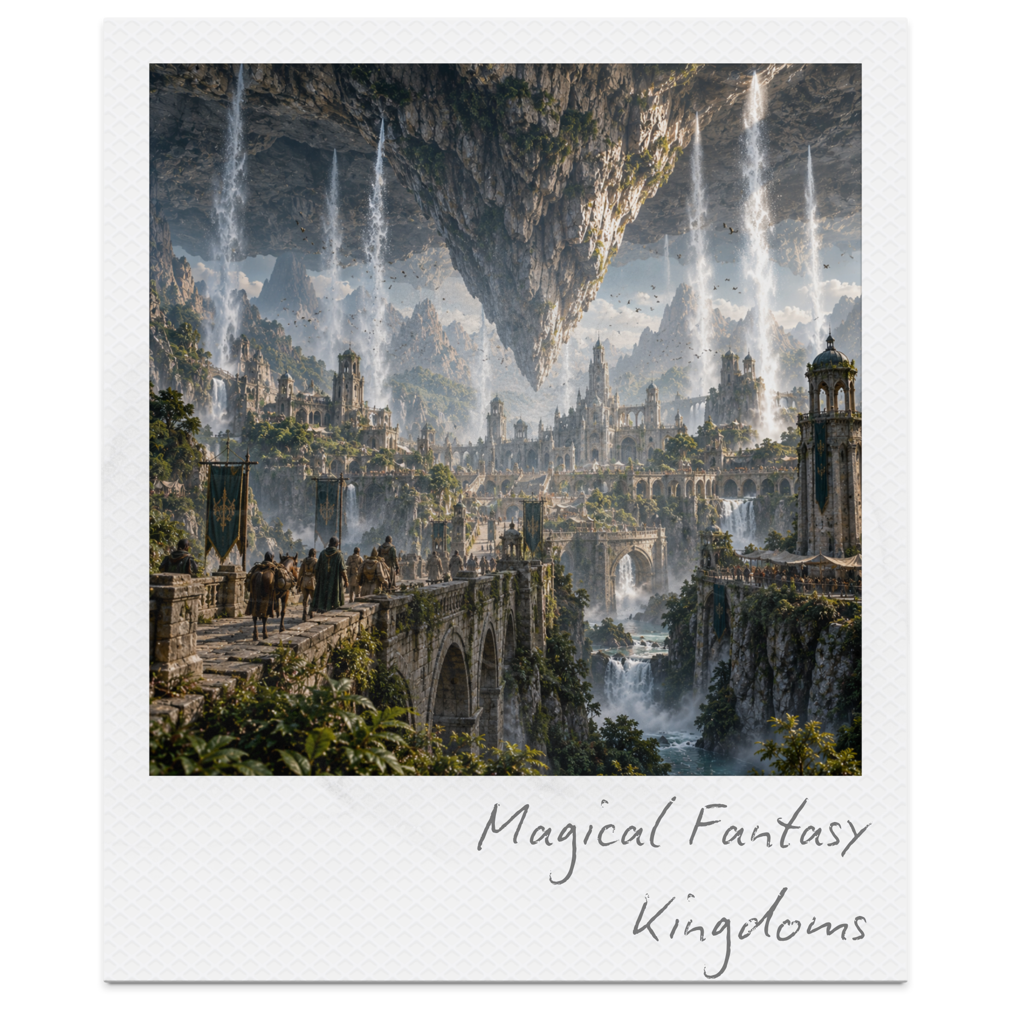 Fantasy scene with floating island, waterfalls, castles, and flying birds, titled 'Magical Fantasy Kingdom'.