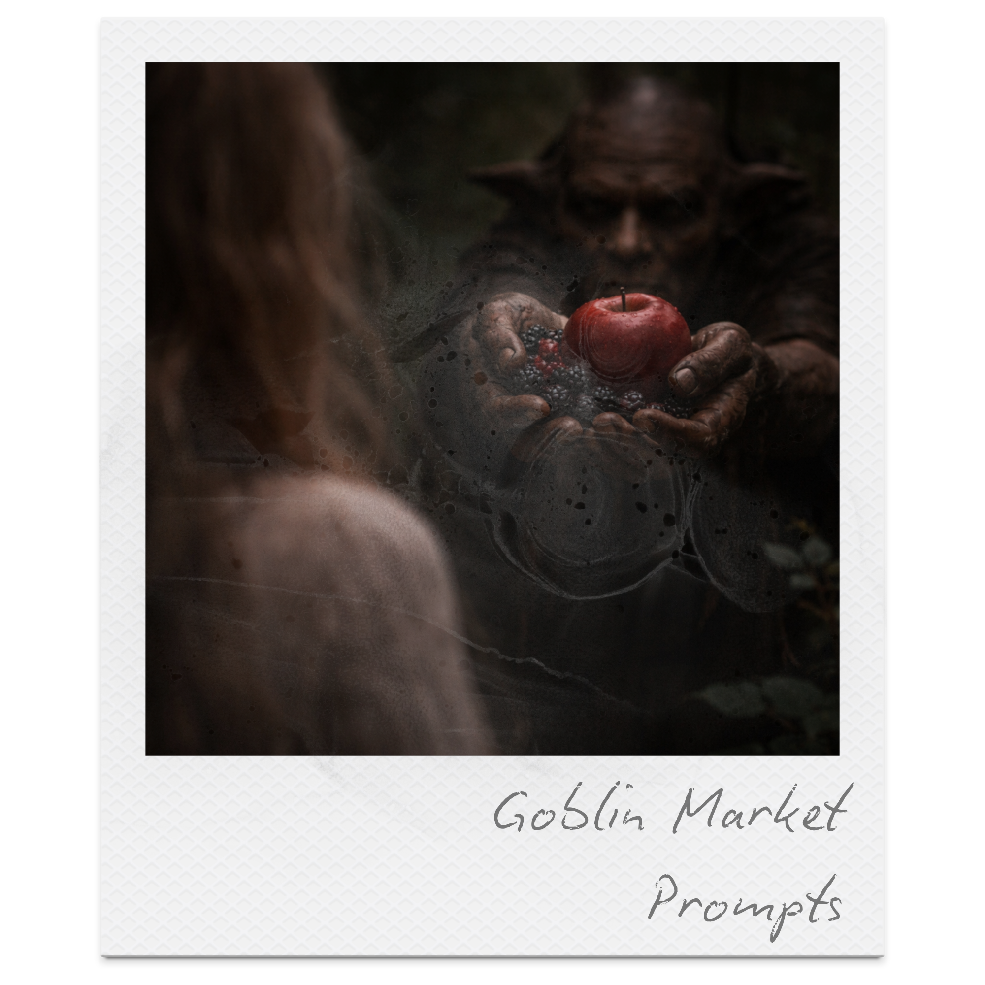 A dark, mysterious scene from the movie 'Goslin Market' showing a creature with pointed ears and grayish skin holding a red apple in its hands over a bubbling black liquid. The scene is dimly lit with a foggy, overgrown background.