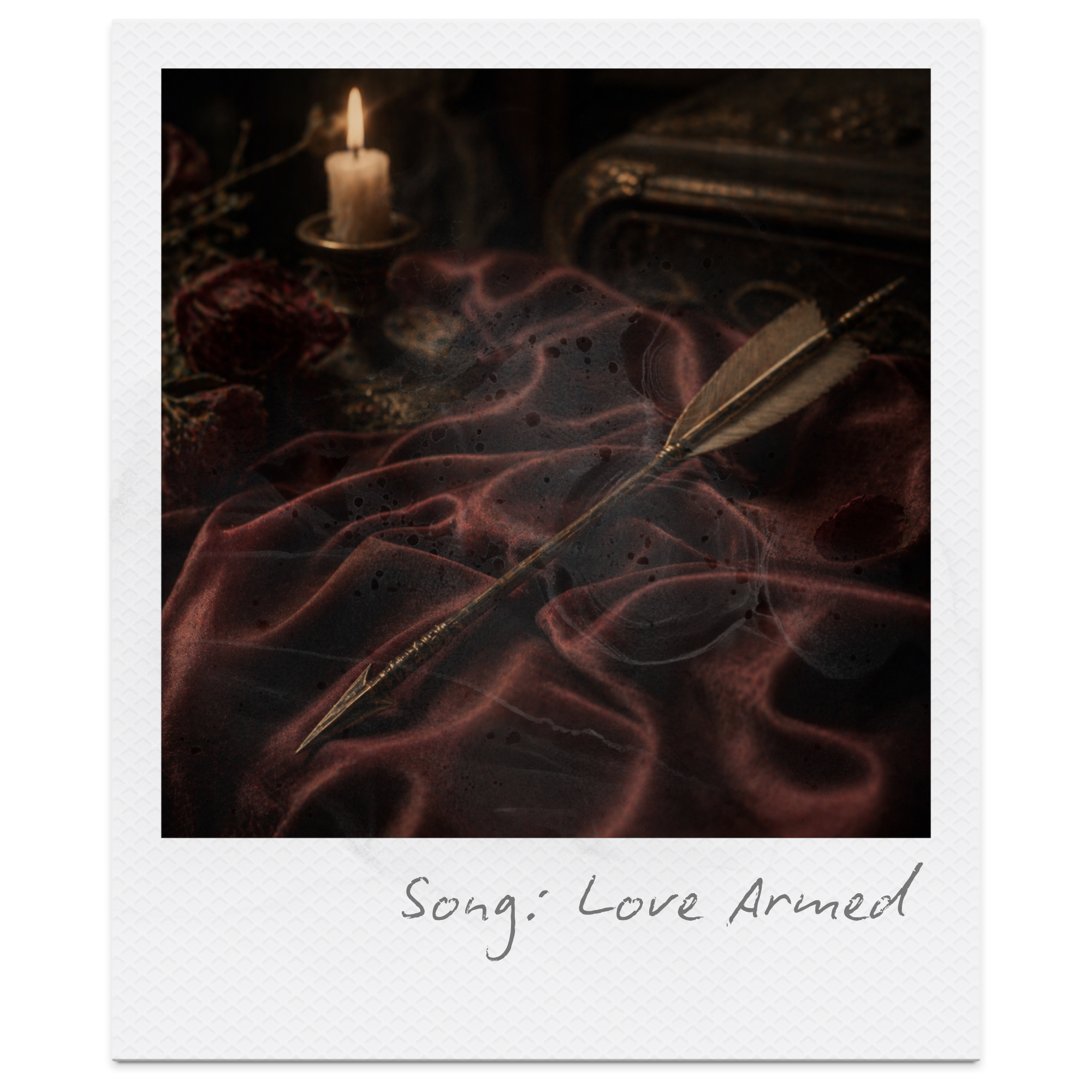 Close-up of a lit candle on a dark surface, surrounded by old books, ribbons, and a feather, with a mysterious and vintage feel.