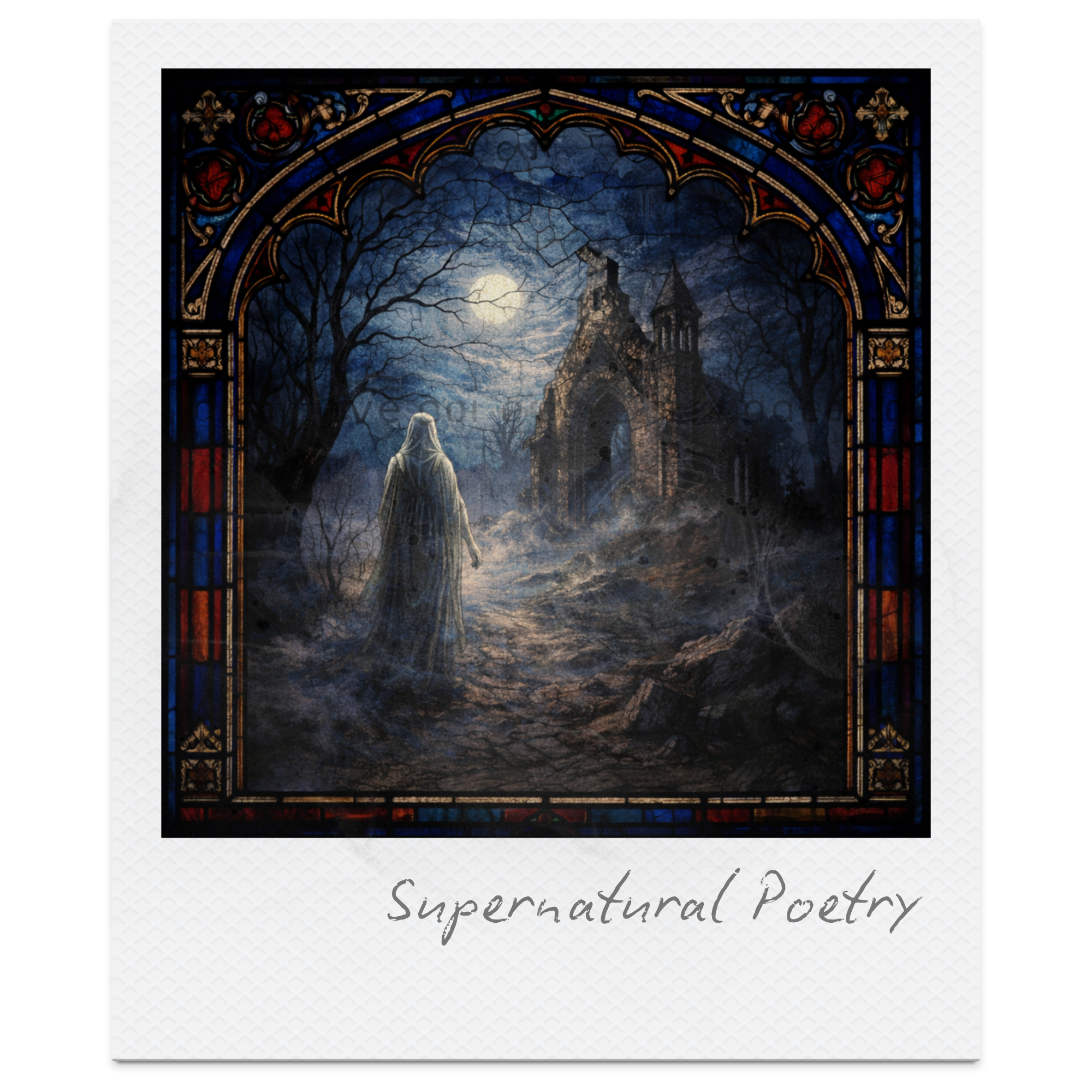 A ghostly figure in a long dress stands on a foggy, rocky path leading to a ruined gothic church under a full moon. The scene is framed like a stained glass window with intricate red, blue, and gold borders. The caption reads "Supernatural Poetry".