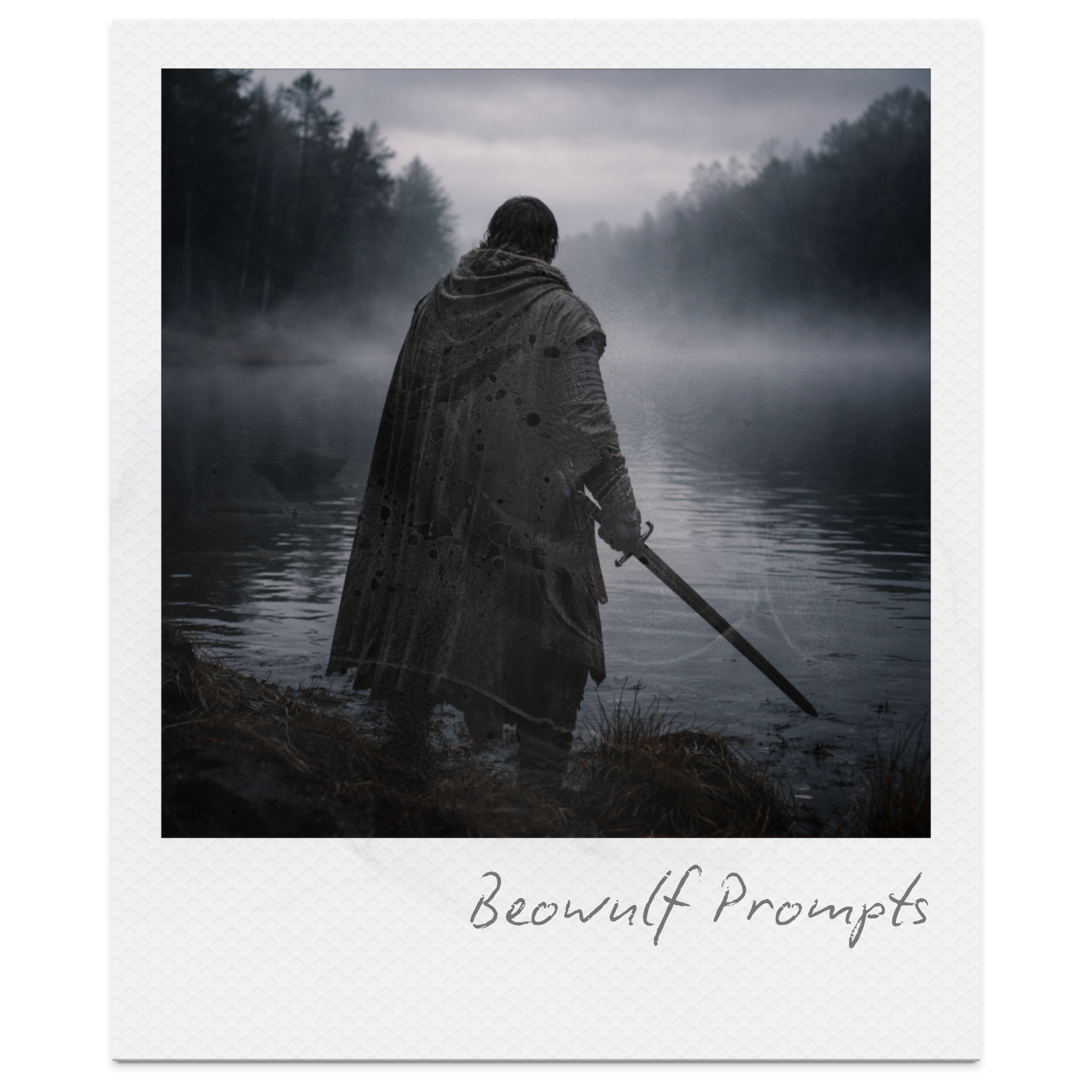 Person in dark clothing holding a sword, standing by a misty lake in a forested area on a cloudy day.