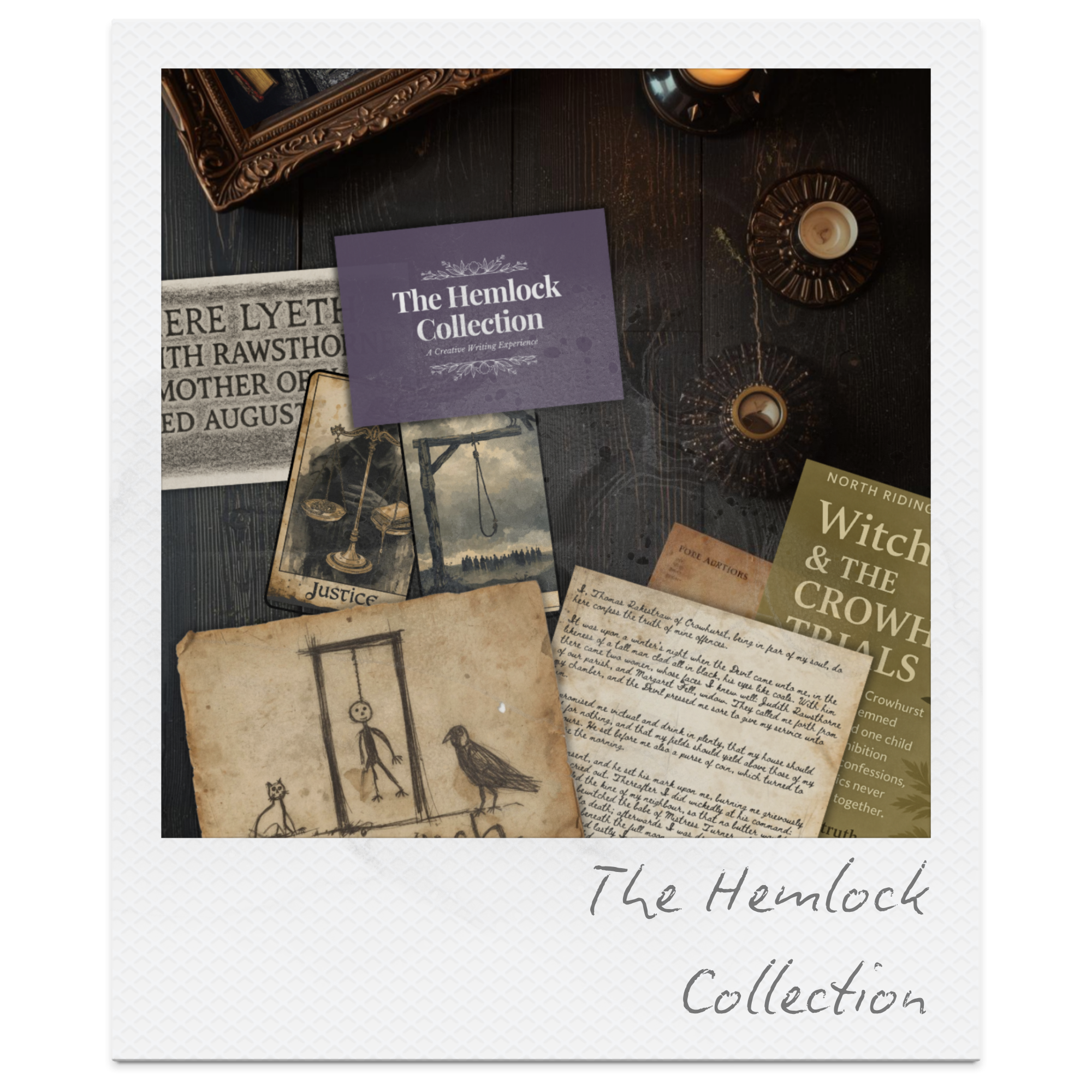A collection of vintage-style books, postcards, and candles arranged on a dark wooden surface. The items include a printed card titled 'The Hemlock Collection,' tarot cards, handwritten notes, and a book named 'Witch & the Crow Trails.'