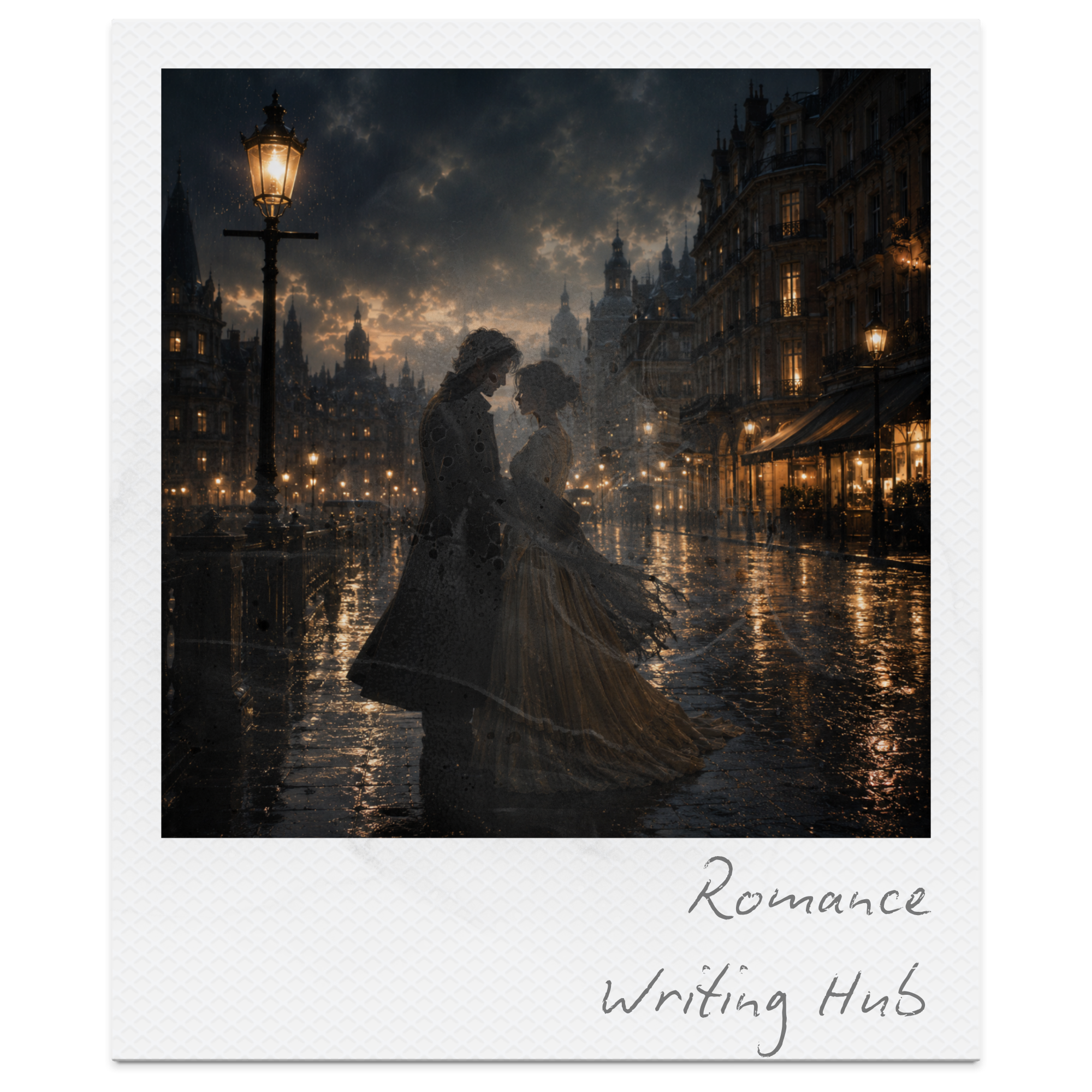 A photo of a couple at sunset in a city, with buildings and street lamps. The bottom part includes handwritten text that reads 'Romance' and 'Writing Hub'.