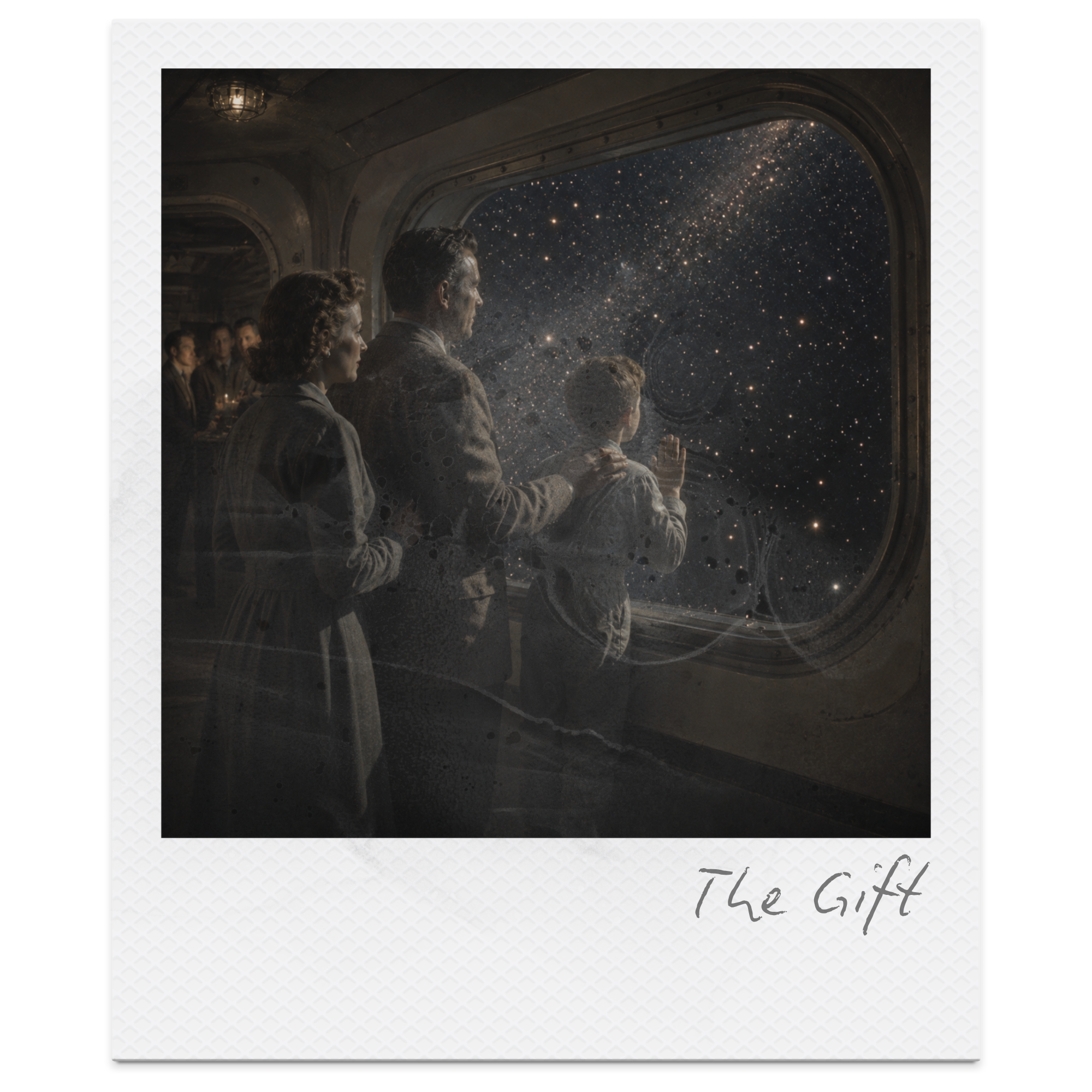 People sitting inside a spacecraft observatory looking out a large window at a star-filled galaxy in space.