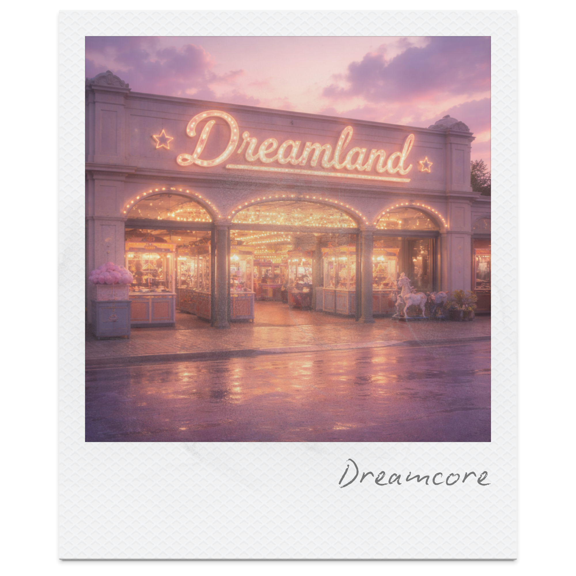 A pastel pink and purple storefront named Dreamland with a vintage style, illuminated signs, and a carousel inside. The scene is reflected on a wet street under a pink and purple sunset sky.