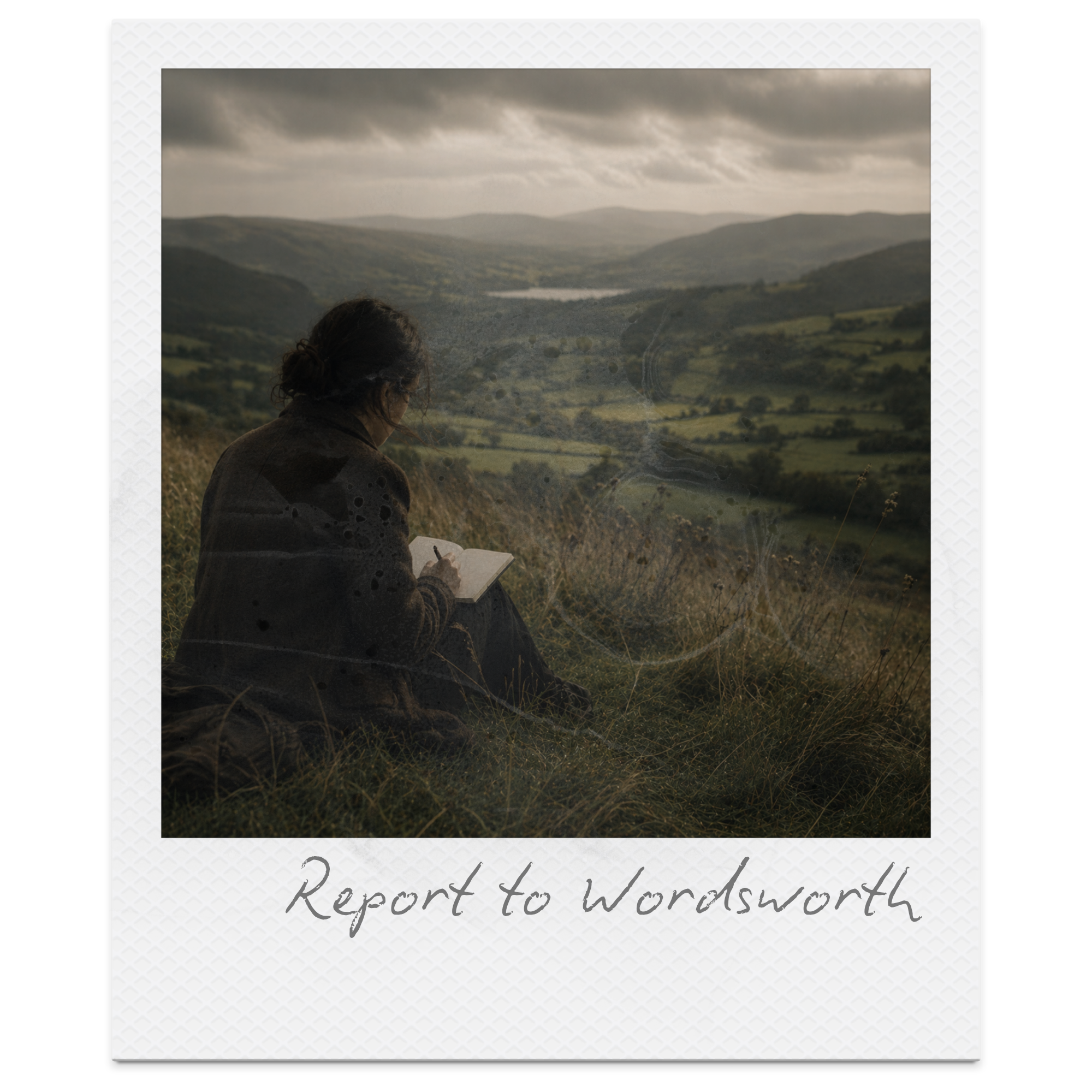 Person sitting outdoors on grassy terrain, writing in a notebook, overlooking a valley with hills and a cloudy sky.