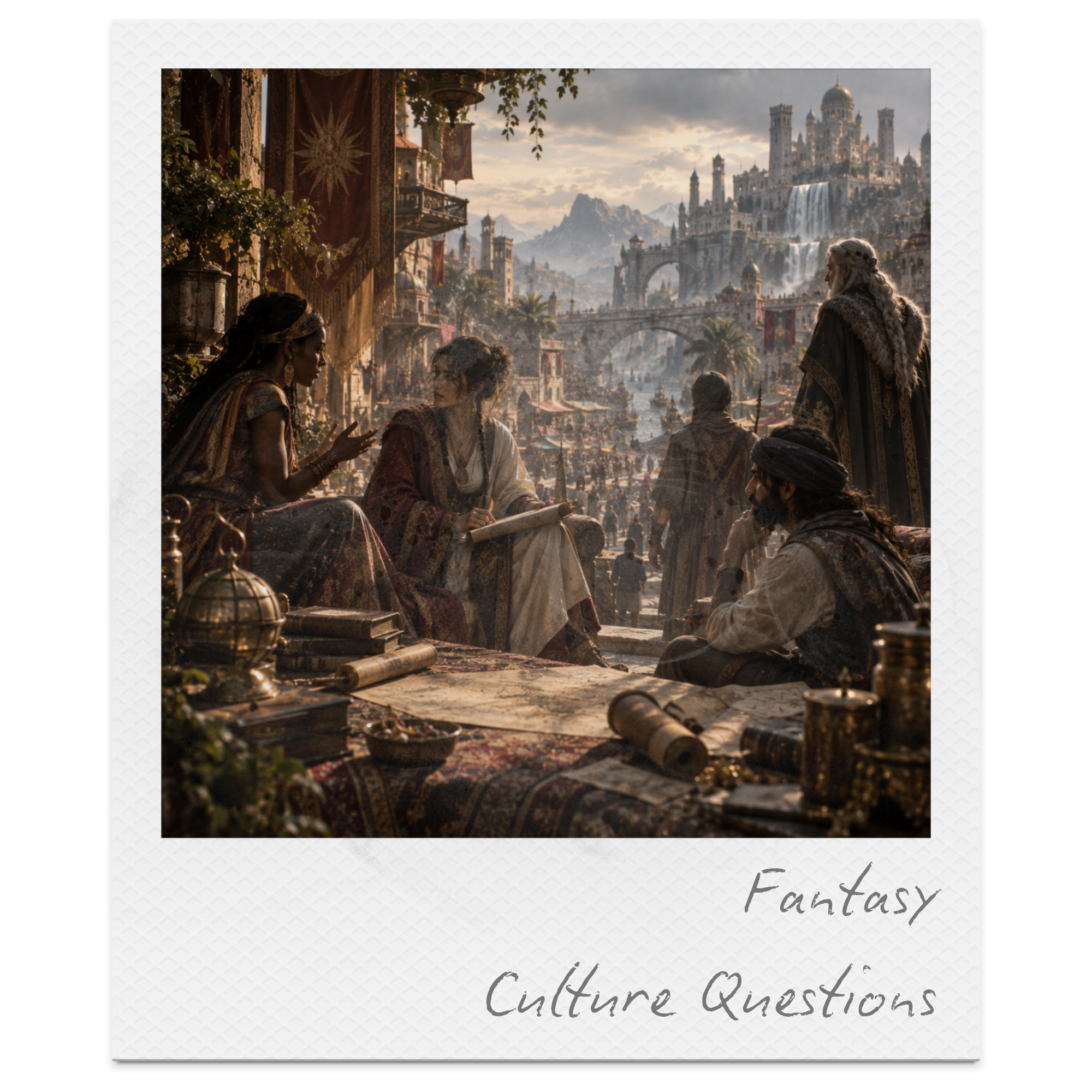 Scene from a fantasy-themed setting showing people dressed in medieval or renaissance attire gathered outdoors, with a majestic castle atop waterfalls and mountains in the background, and banners hanging from buildings.