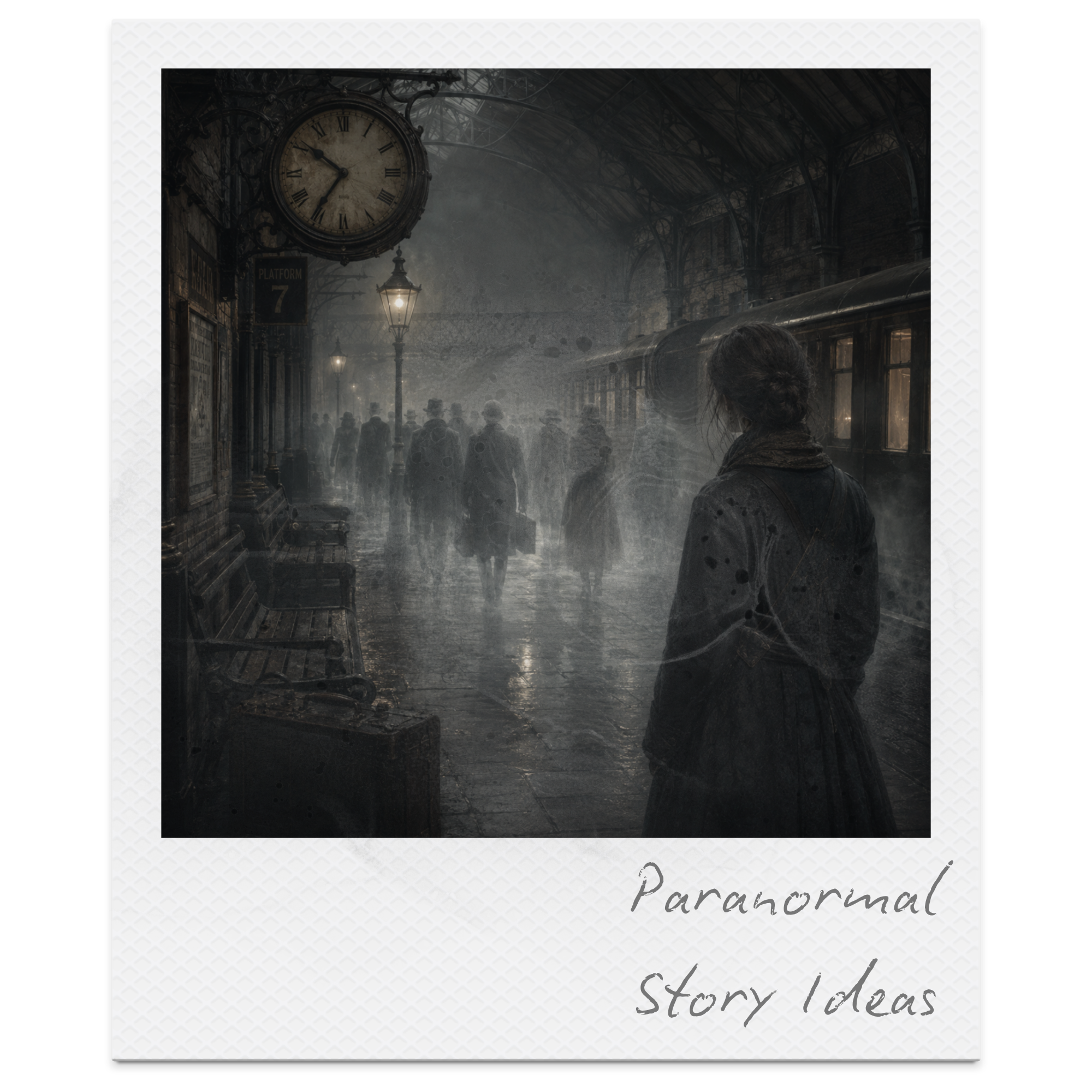 Historical train station platform with a large clock, fog, and a woman with curly hair looking away, vintage train and people in the background, sepia tone.