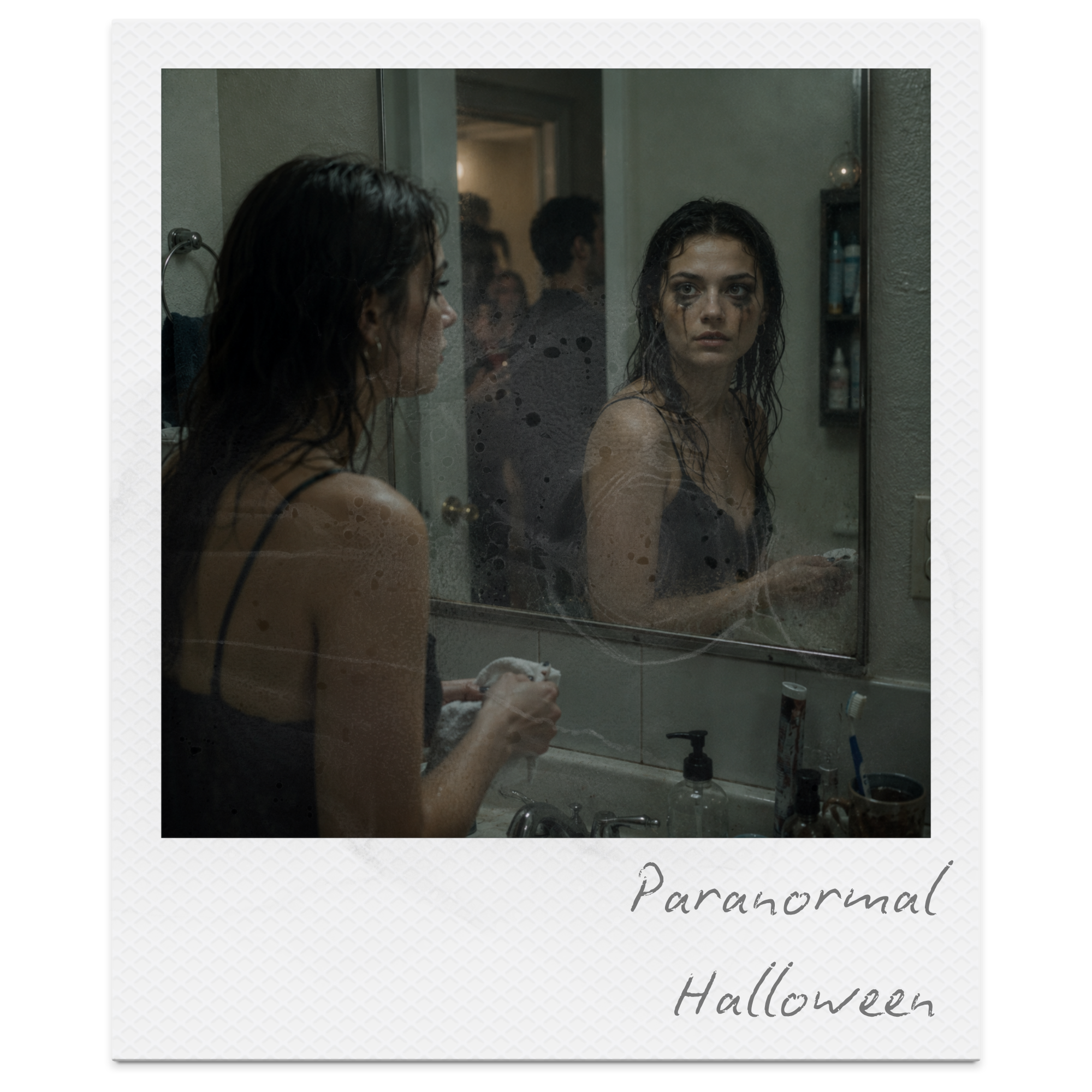 A woman with dark, wet hair looking into a bathroom mirror, with black makeup smudged around her eyes, wearing a black tank top, in a dimly lit room with shelves of toiletries. The photo has a spooky Halloween theme with the word 'Paranormal' written