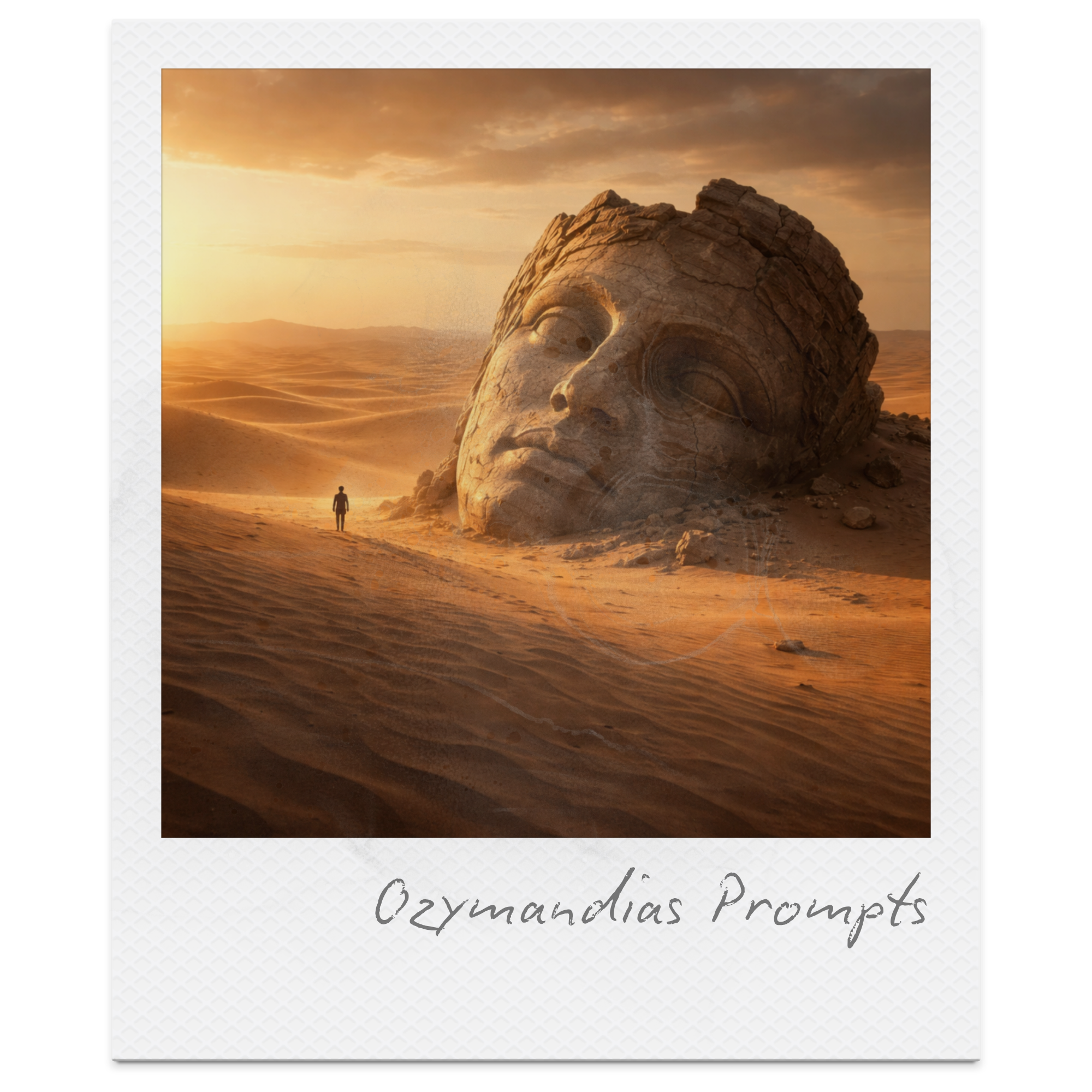 A giant carved stone head of a Greek or Roman ancient sculpture lying in a desert at sunset, with a person standing nearby.