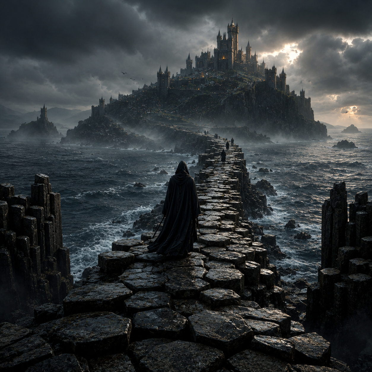 A cloaked traveller walks along a vast stone causeway across a stormy sea toward a distant fortress city beneath dark skies.