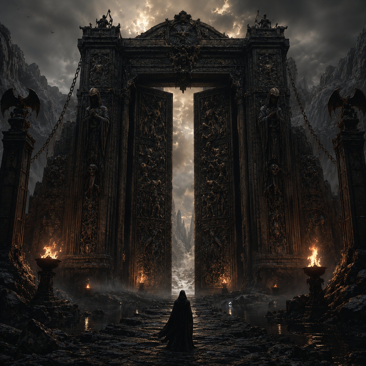 A lone traveller stands before colossal ancient gates leading into the Underworld, surrounded by dark cliffs, firelit braziers, and towering stone carvings.