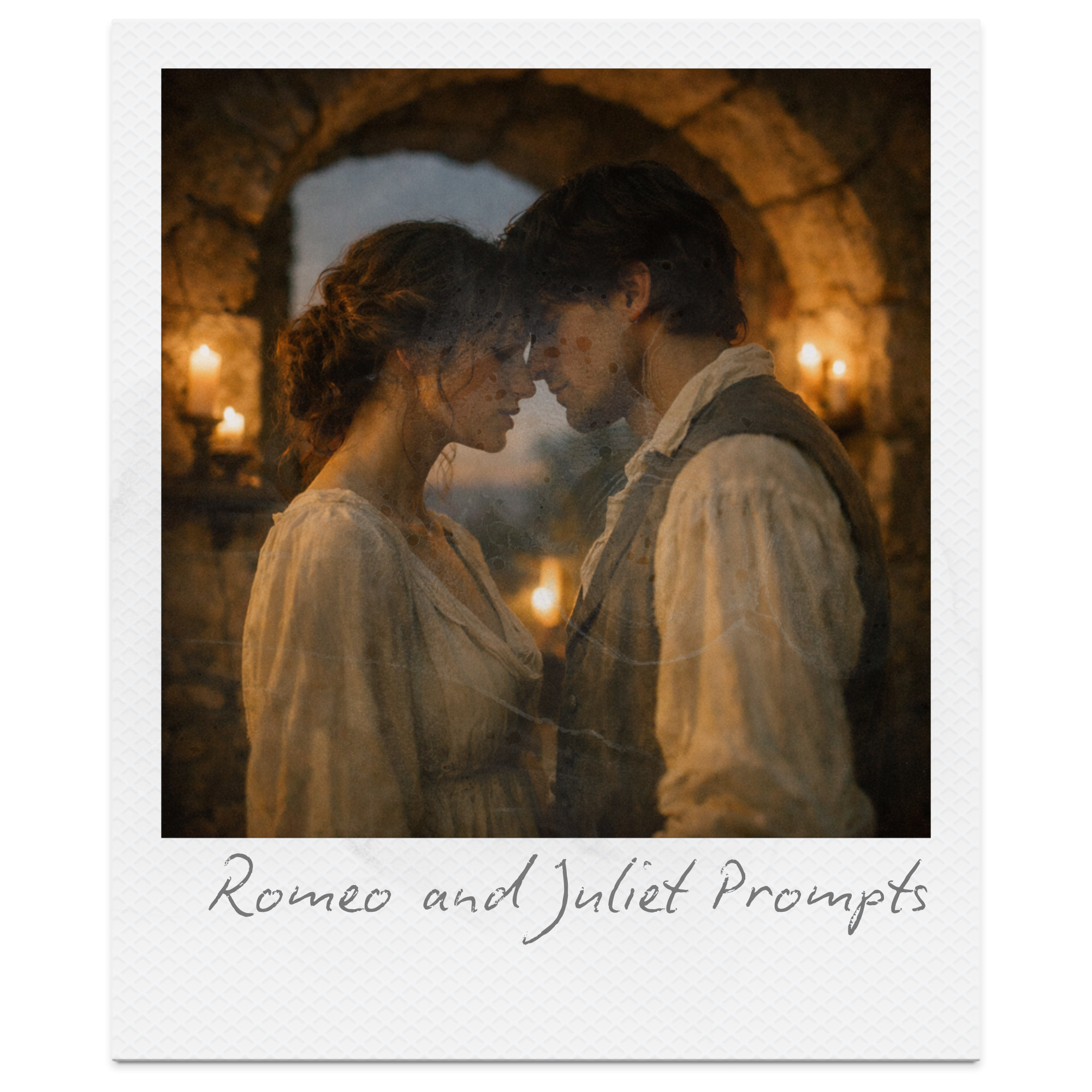 Close-up of a romantic scene featuring a man and woman with faces close together, set in a dimly lit stone archway with candles in the background, appearing to be from a DVD cover of "Romeo and Juliet."