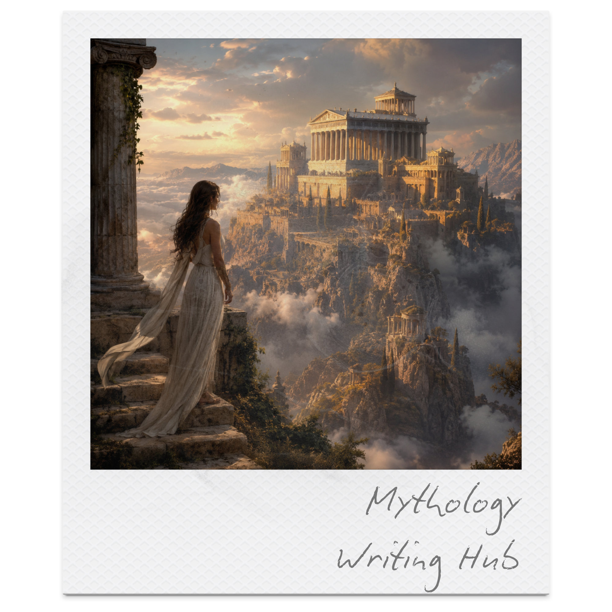 A woman wearing a flowing dress stands on ancient ruins overlooking a city on a mountain with a large classical building, columns, and temples, under a cloudy sky at sunset, with the word 'Mythology' written on the bottom right.