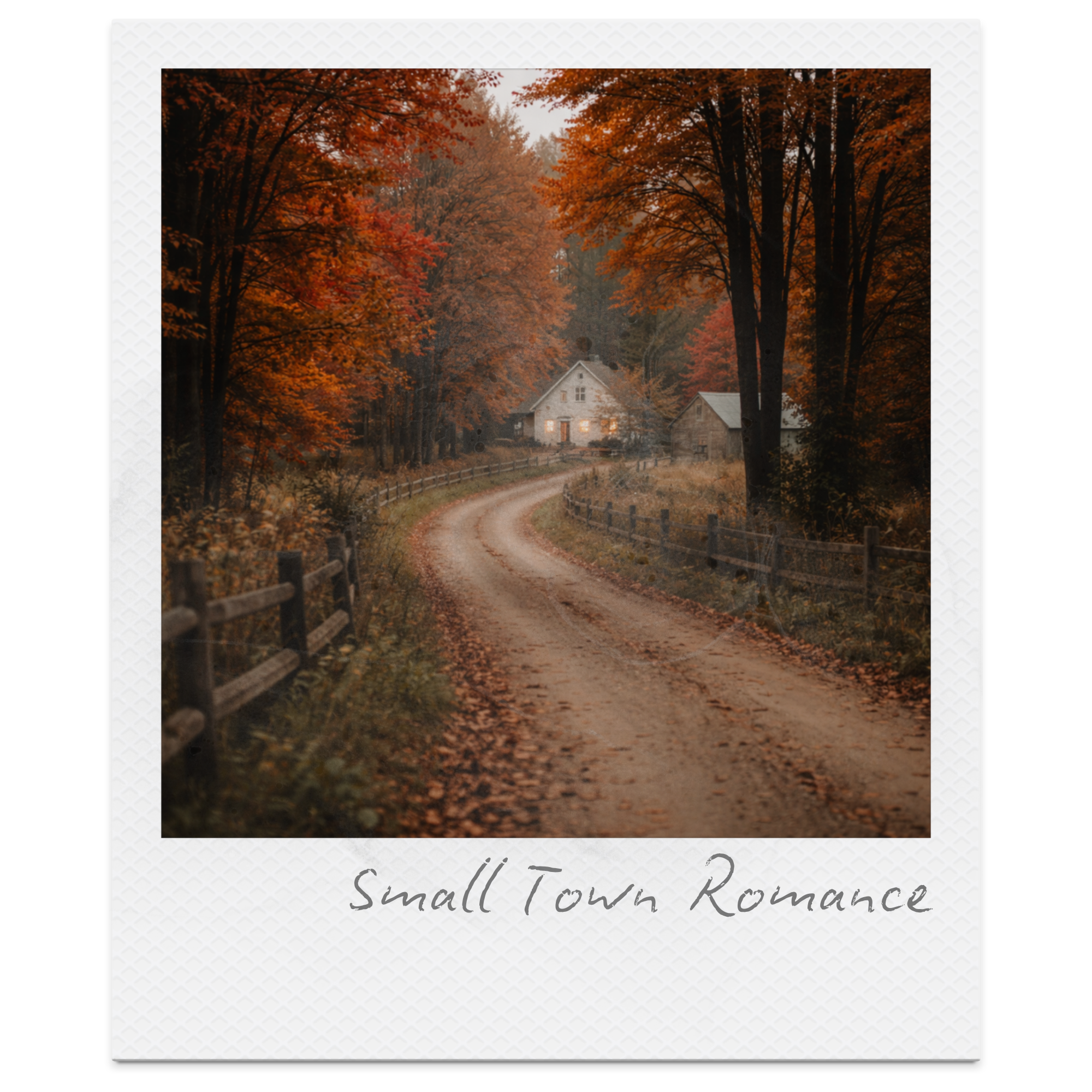 A dirt road winding through an autumnal forest with trees in orange and red leaves, leading to a small white house with warm lights in a small town setting.