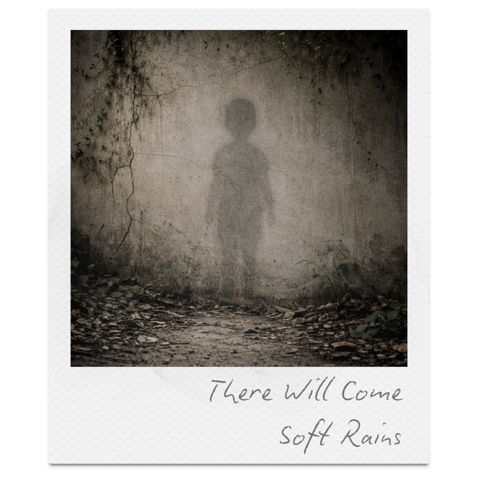 Photograph of an old, weathered wall with visible cracks and moss, fading into darkness. The wall is surrounded by fallen leaves and small plants at the bottom. Handwritten text at the bottom right reads, 'There will come a time when the soft rains'.