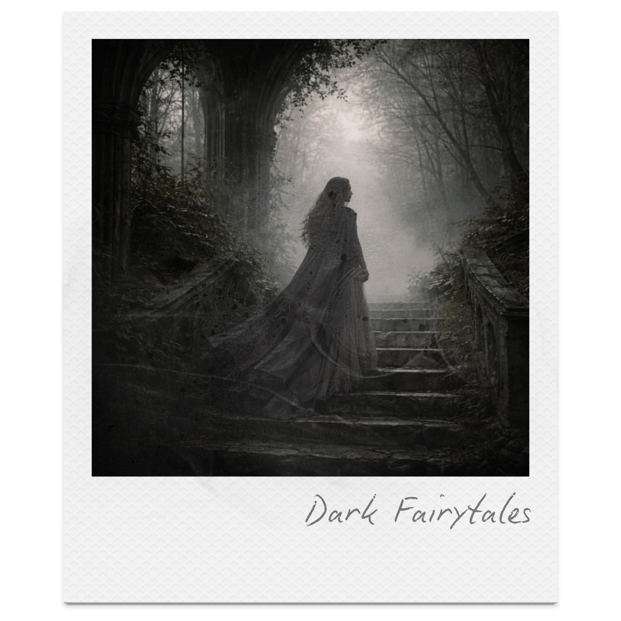 A woman in a long flowing dress standing on stone steps in a dark, foggy forest with overgrown ruins and leafless trees, evoking a dark fairy tale atmosphere.
