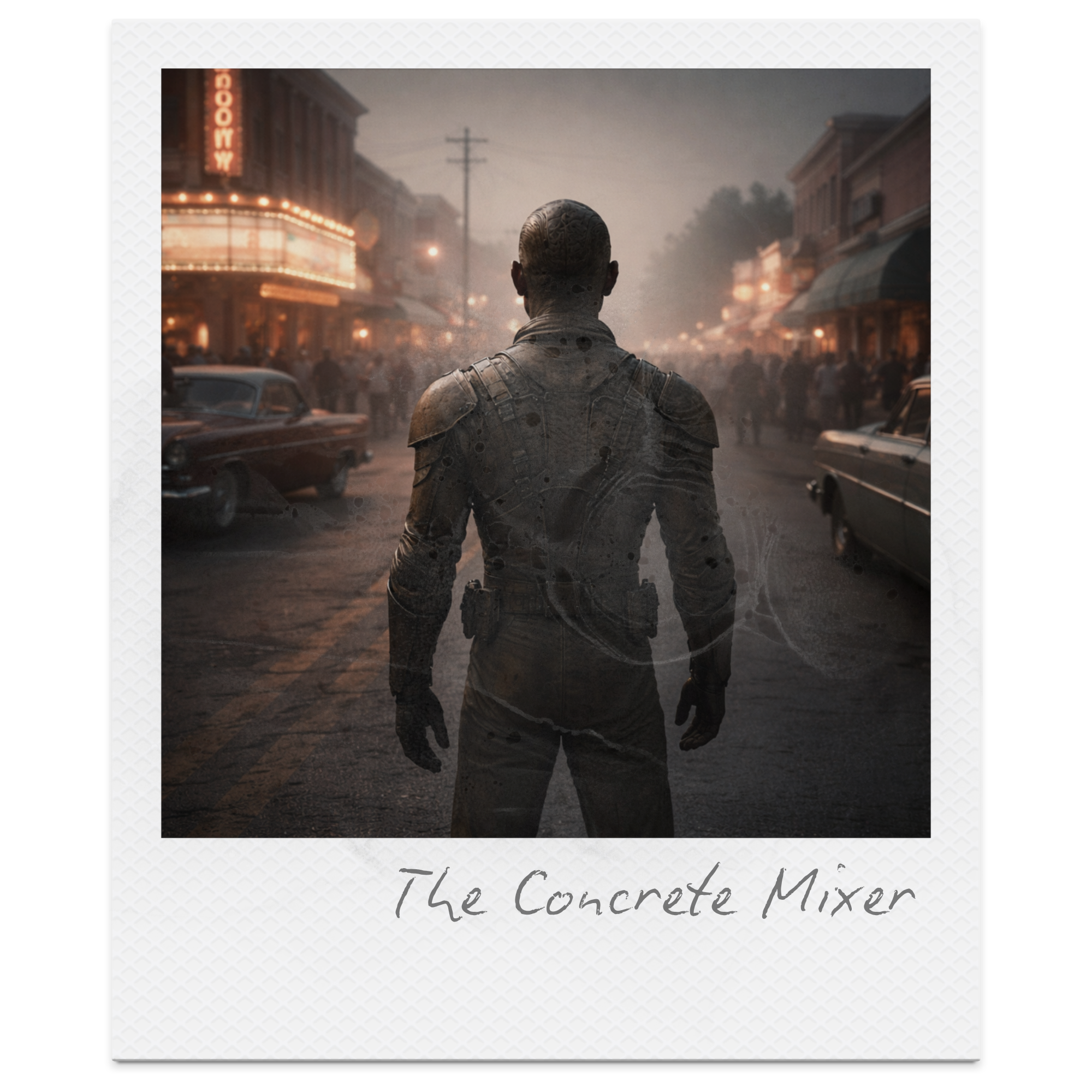 A man in a futuristic suit stands in the middle of a vintage town street at dusk, with cars and buildings lit up behind him. The scene has a dystopian atmosphere and the text "The Concrete Mixer" is written at the bottom.