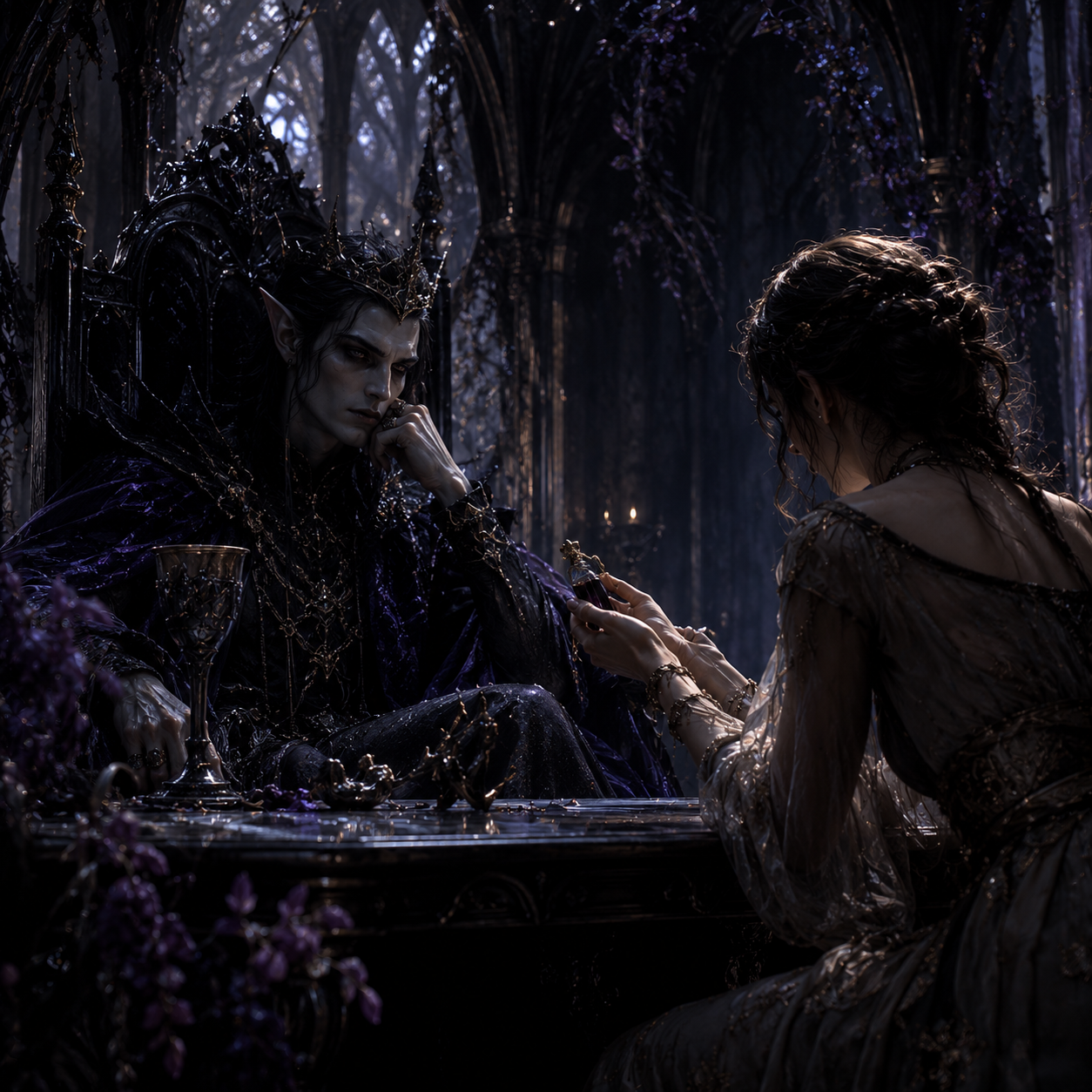 A mortal negotiates with a powerful dark fae ruler within a moonlit gothic hall filled with shadows, silver light, and ancient secrets.