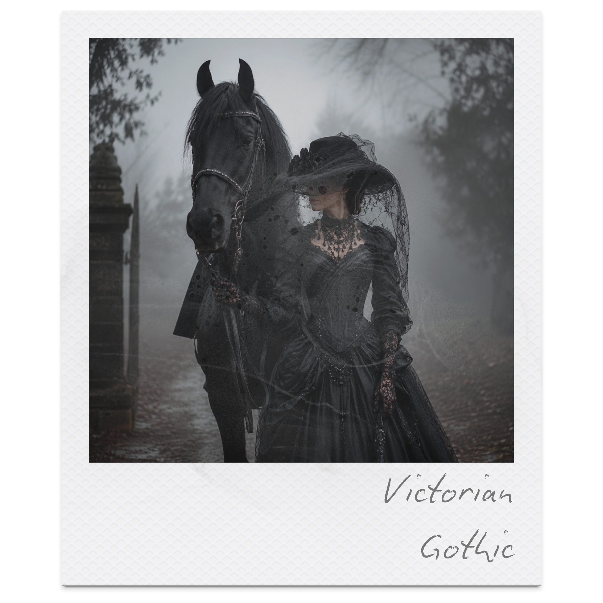 A black horse with a bridle standing beside a woman in a dark, lace dress and a large, black, lace hat with a veil, in a foggy outdoor setting with trees in the background.