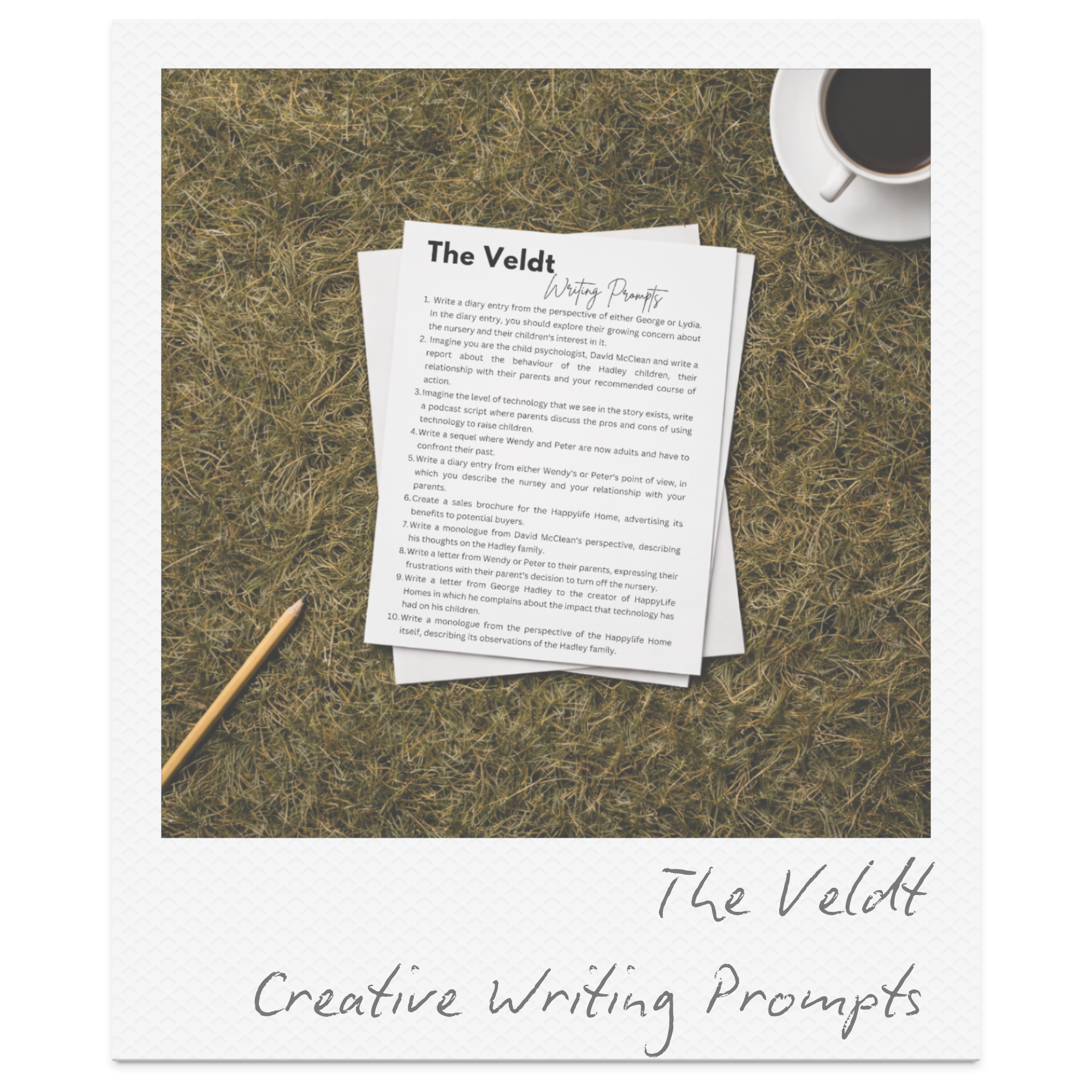 A printed sheet of paper titled 'The Veldt' lying on dry grass next to a white cup of black coffee, with a pencil nearby.