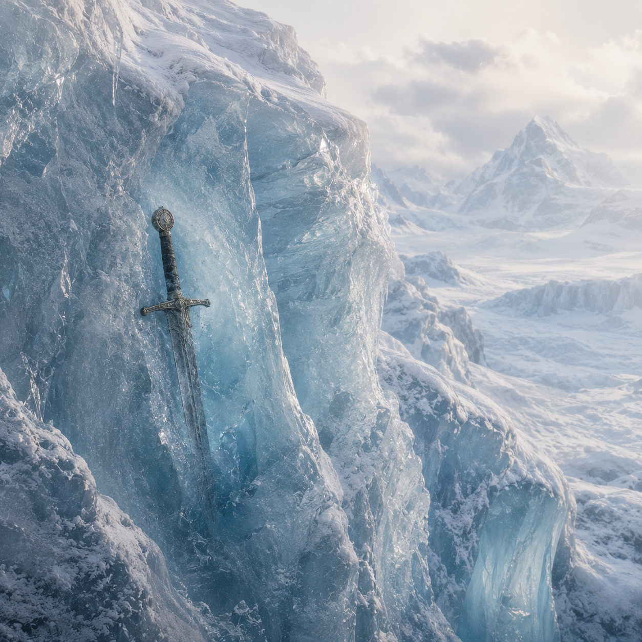 An ancient sword lies trapped deep within a glacier, visible through clear blue ice in a vast frozen mountain landscape.
