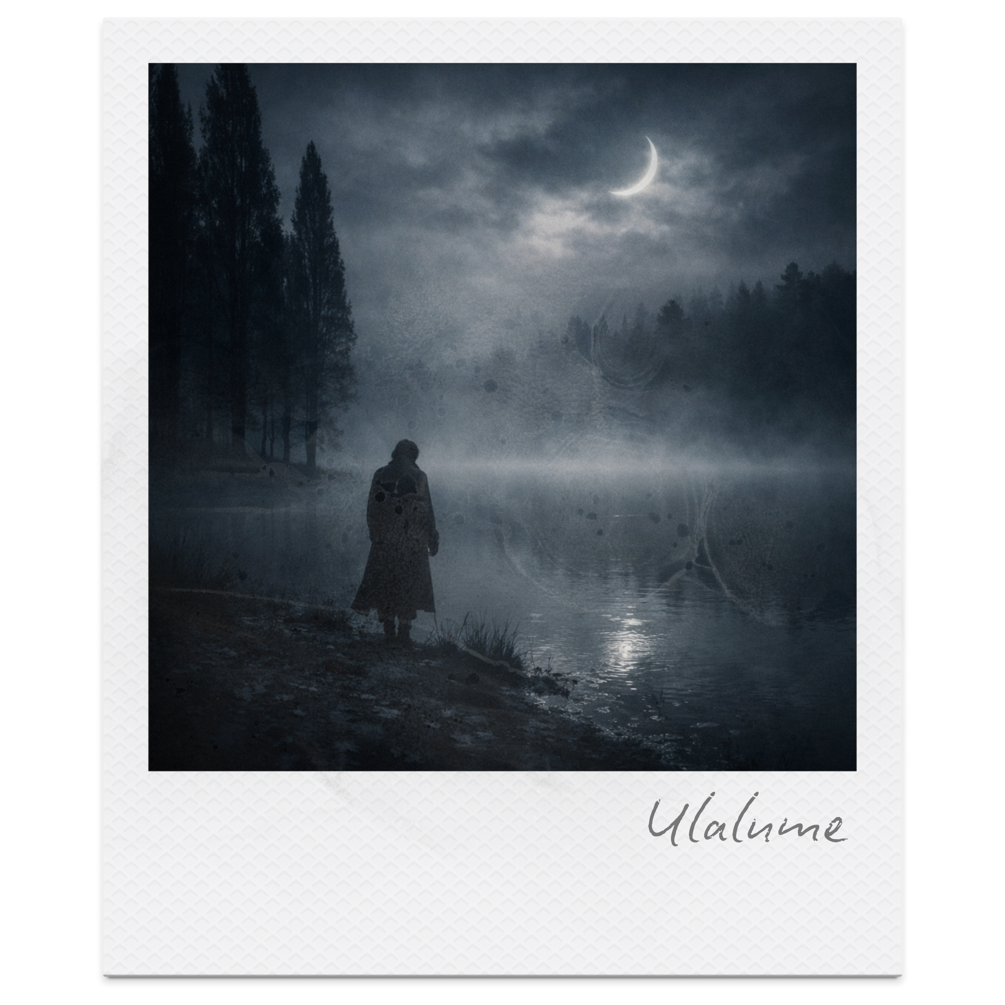 A person stands by a river under a cloudy night sky with a crescent moon. The landscape includes tall trees, fog, and reflected moonlight on the water. The text 'Ulalune' is written at the bottom.