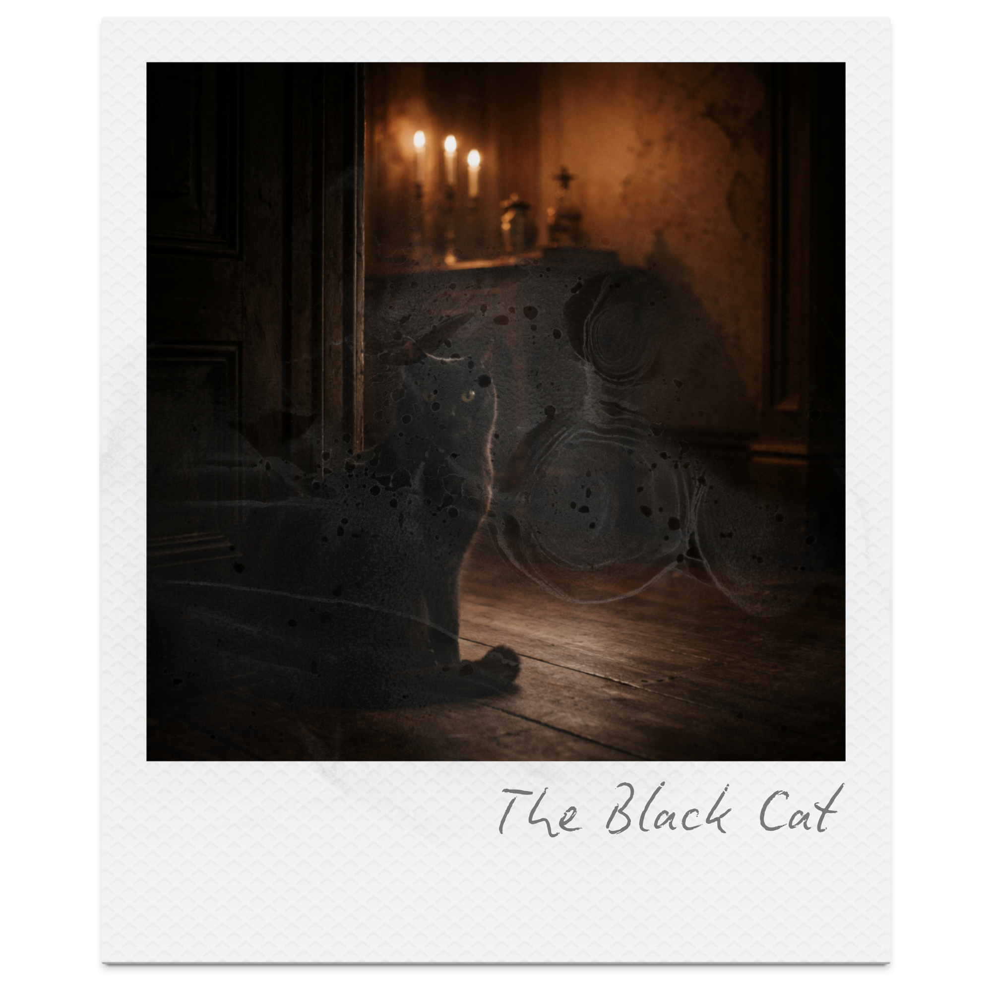 A black cat sitting on a wooden floor behind a foggy glass door, lit by warm candlelight in the background, with the words "The Black Cat" written at the bottom.