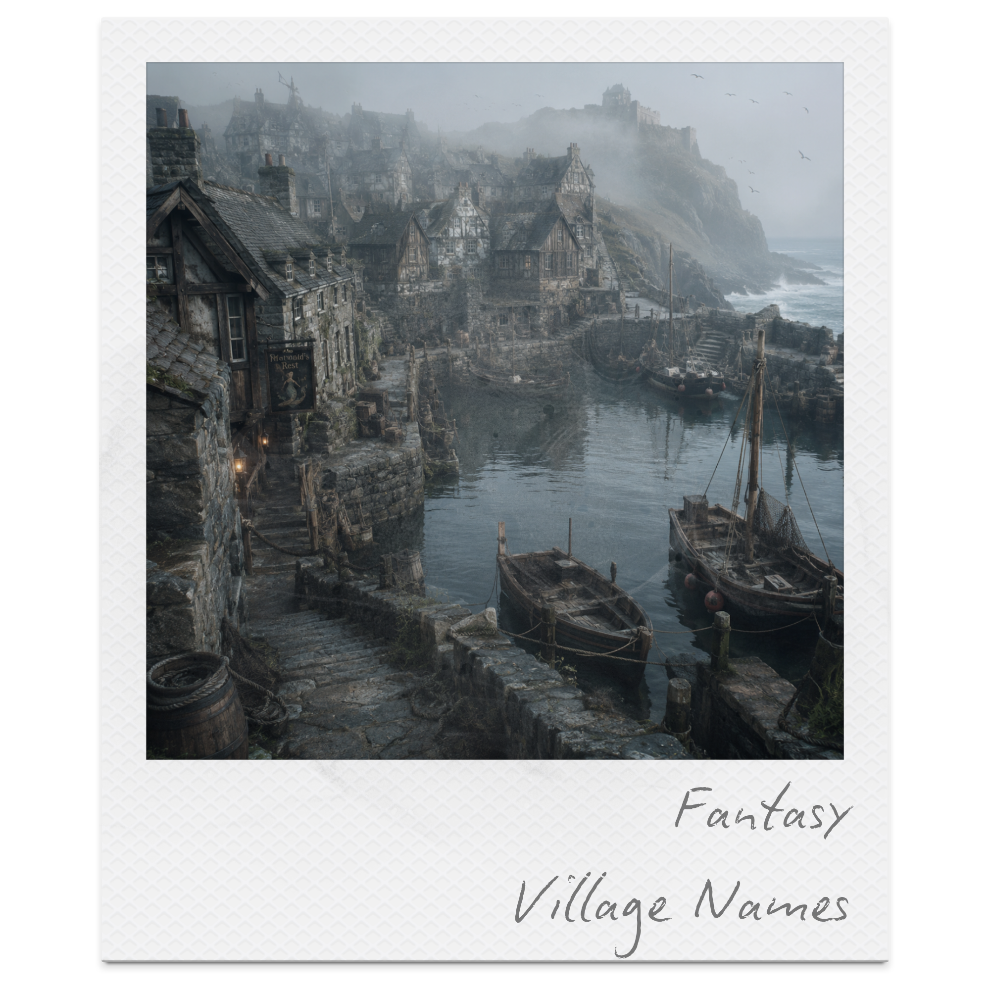 A misty coastal town with medieval-style buildings, a small harbor with boats, and a castle on a hill in the background, shrouded in fog.