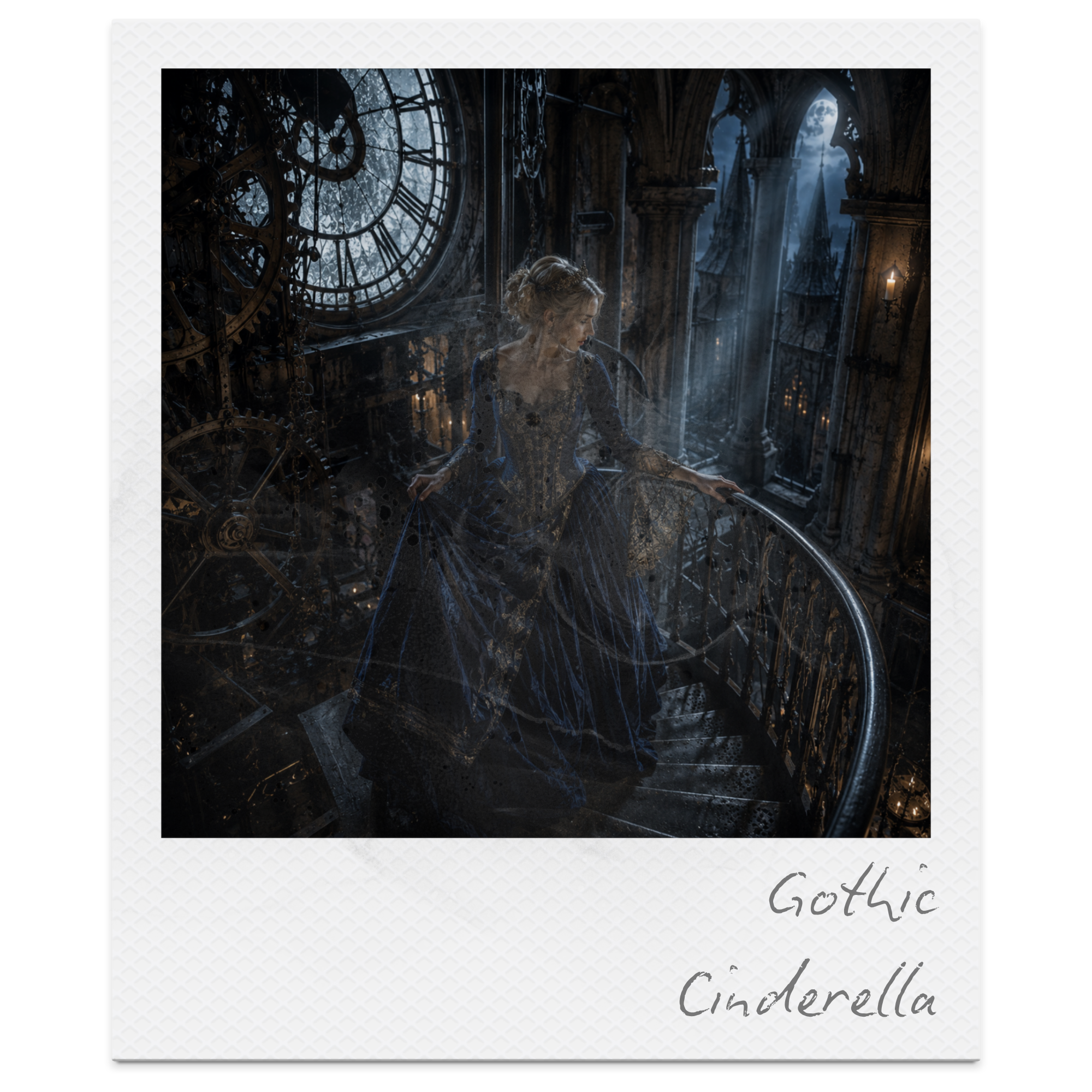 A woman in a historic dress sitting in a gothic cathedral with large stained glass windows, moonlight shining through, and intricate clock gears visible in the background, with the handwritten text 'Gothic Cinderella' at the bottom.