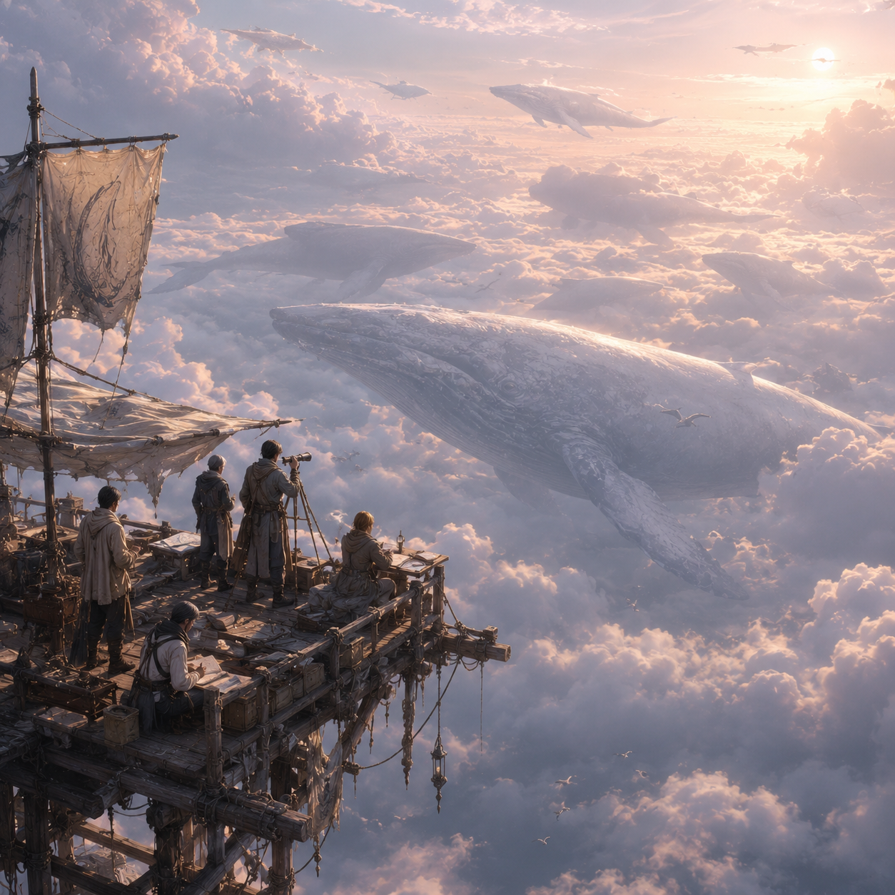 Naturalists observe a migration of enormous skywhales drifting through pastel clouds from a wooden platform suspended above the world.