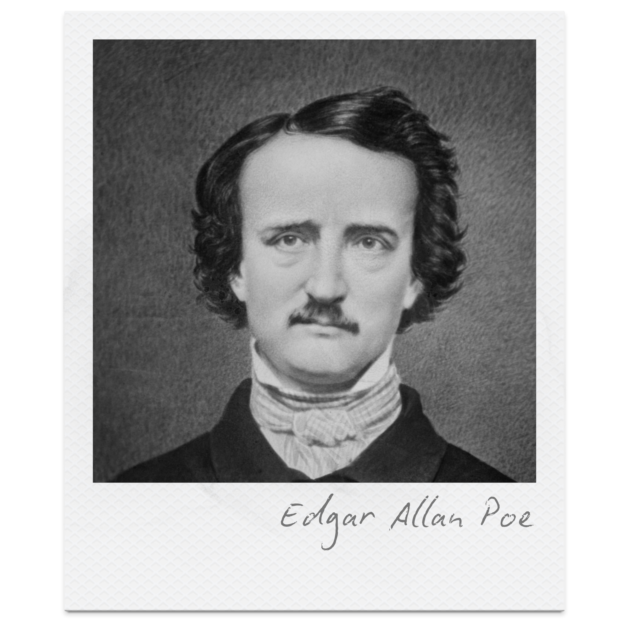 A black and white portrait photograph of Edgar Allan Poe, with curly hair and a serious expression. The photo is partly framed by a white border with a textured background and illegible cursive text at the bottom.