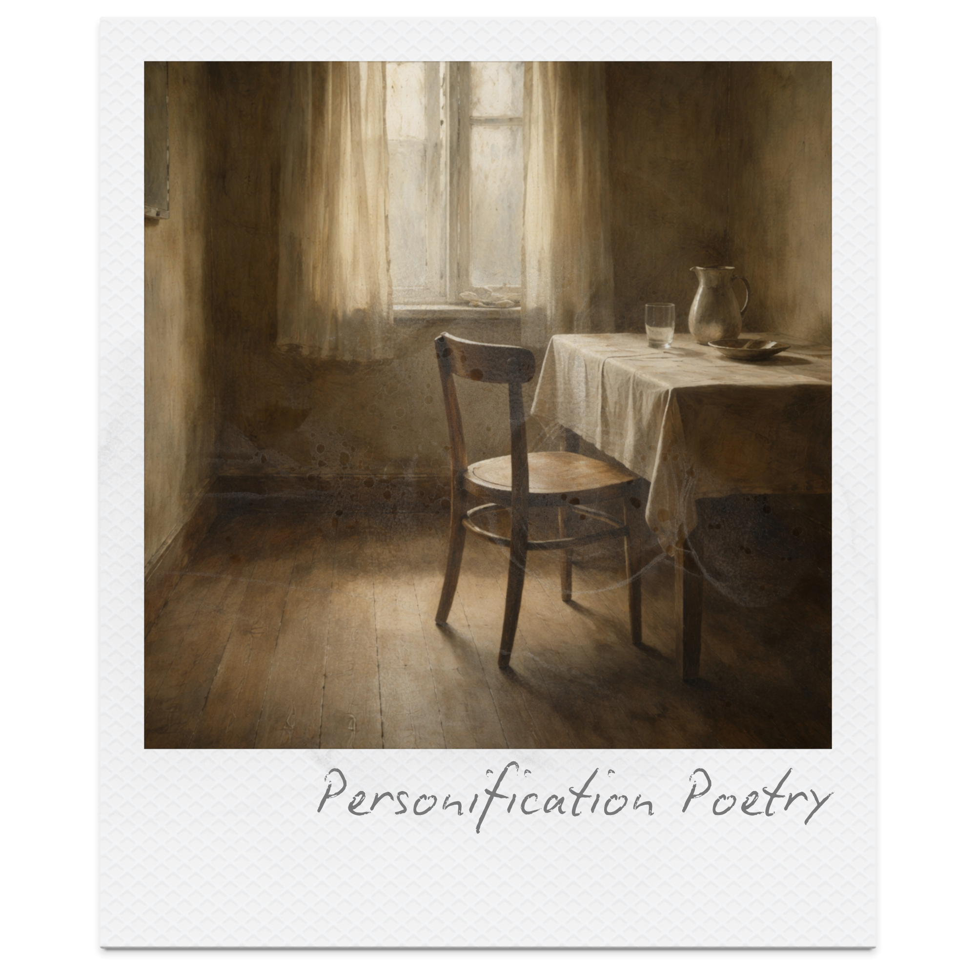 A vintage wooden chair next to a table with a white tablecloth, placed near a window with semi-transparent curtains in a softly lit, rustic room.