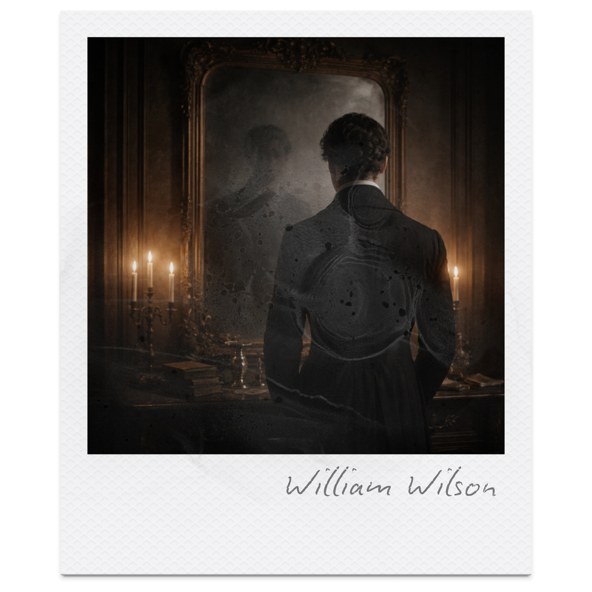 A person in vintage clothing stands in front of an ornate mirror in a dimly lit room with candelabras and books, with their reflection faintly visible.