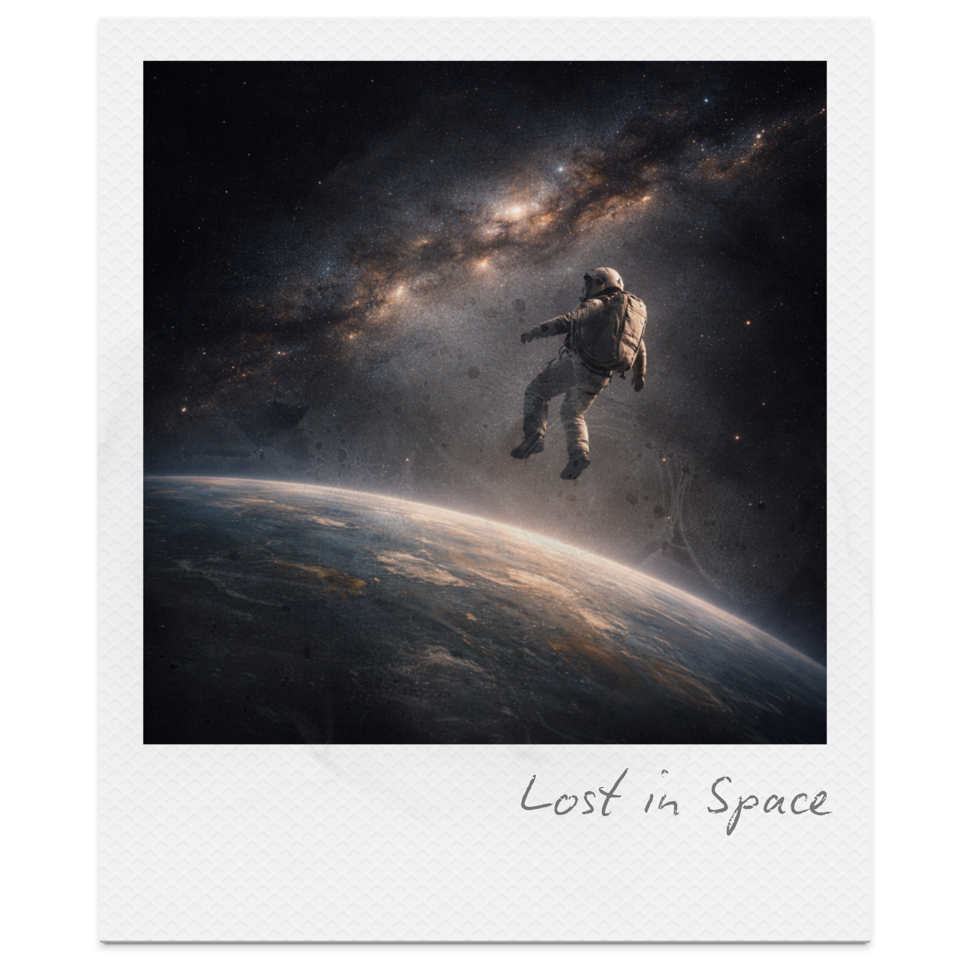 An astronaut floating in space above Earth with a starry galaxy in the background and the title 'Lost in Space' written on a polaroid-style border.