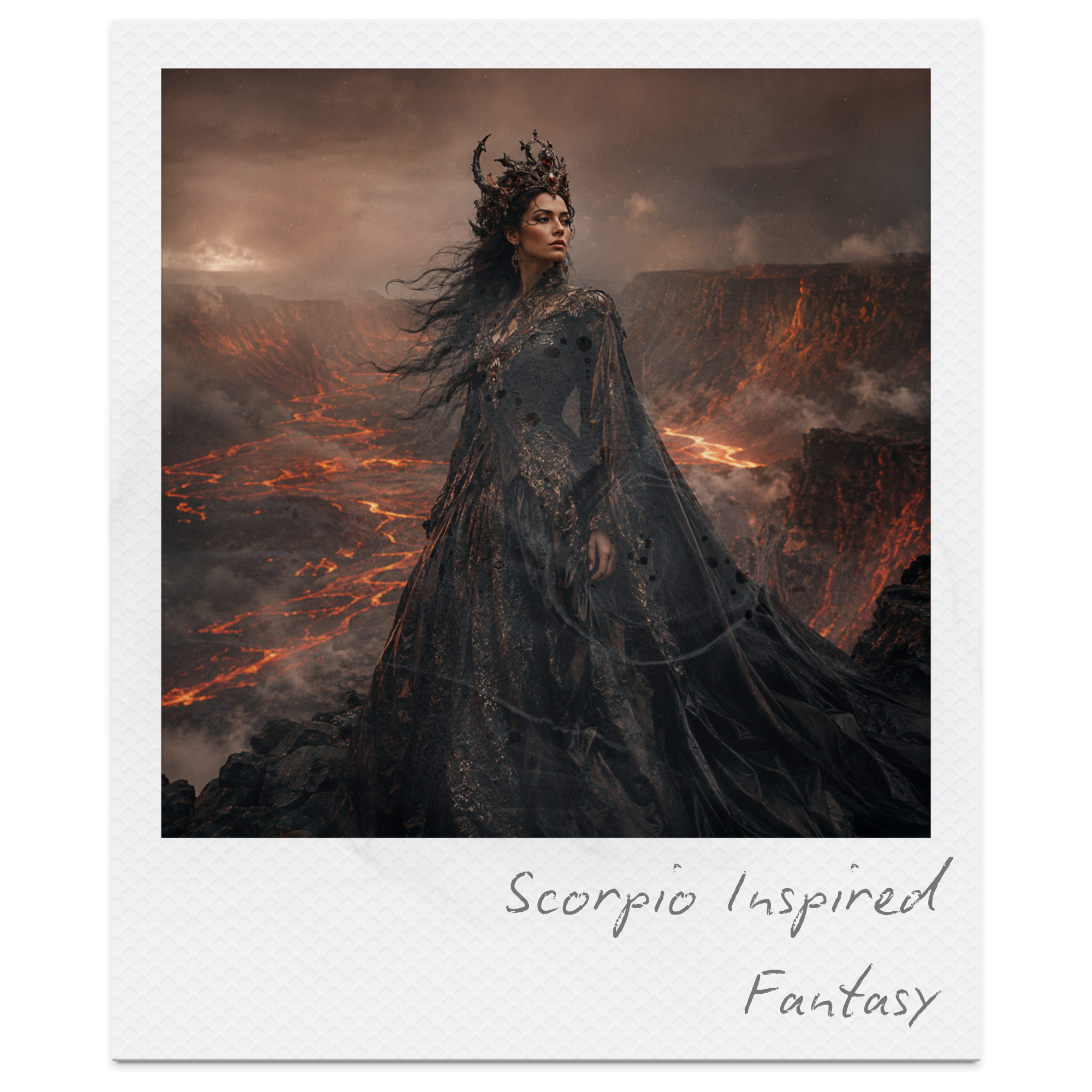 A woman dressed as a dark fantasy character wearing an ornate headdress with horns and red jewels, standing against a volcanic landscape with flowing lava and a stormy sky.
