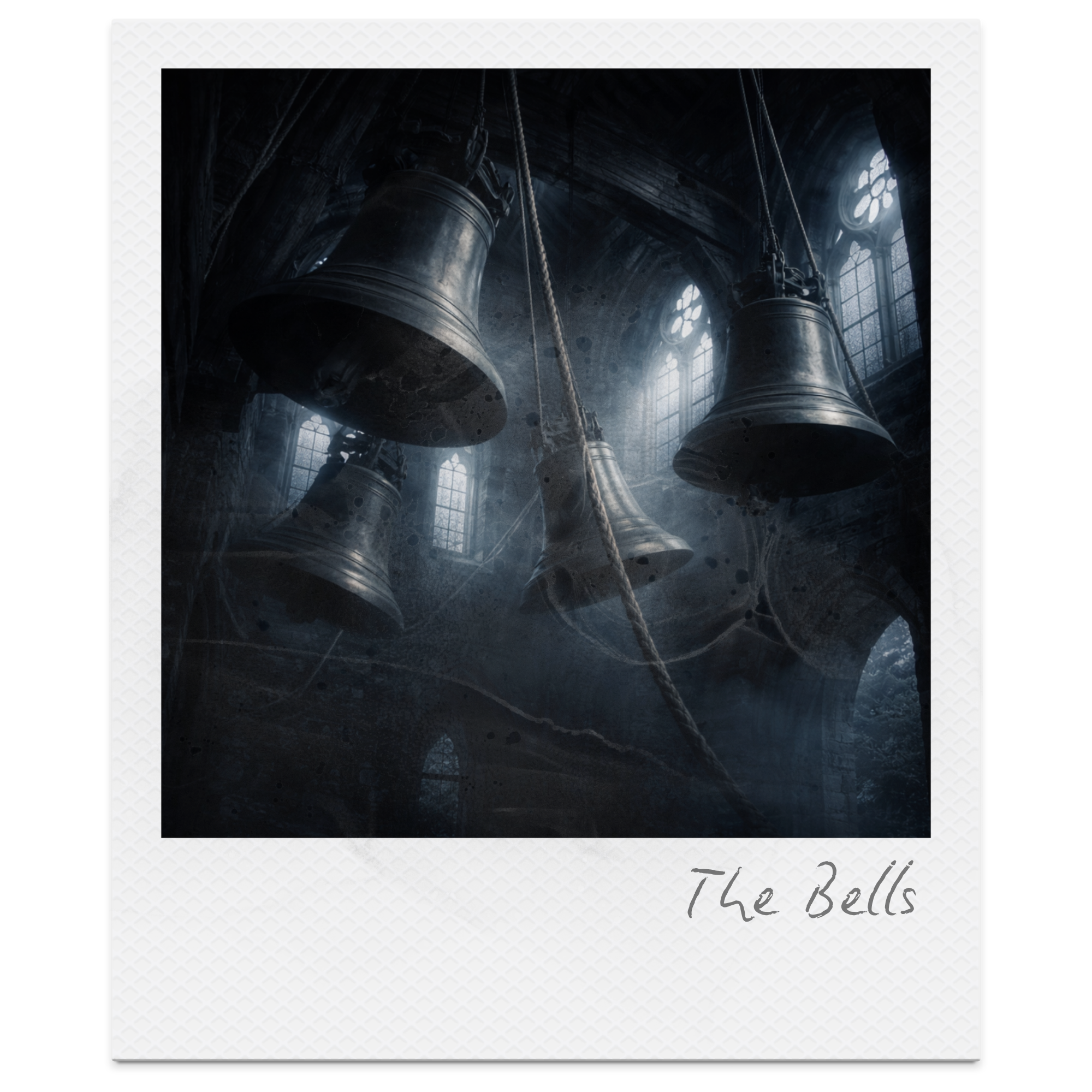Dark interior of a church with four large hanging bells, candles, and stained glass windows.