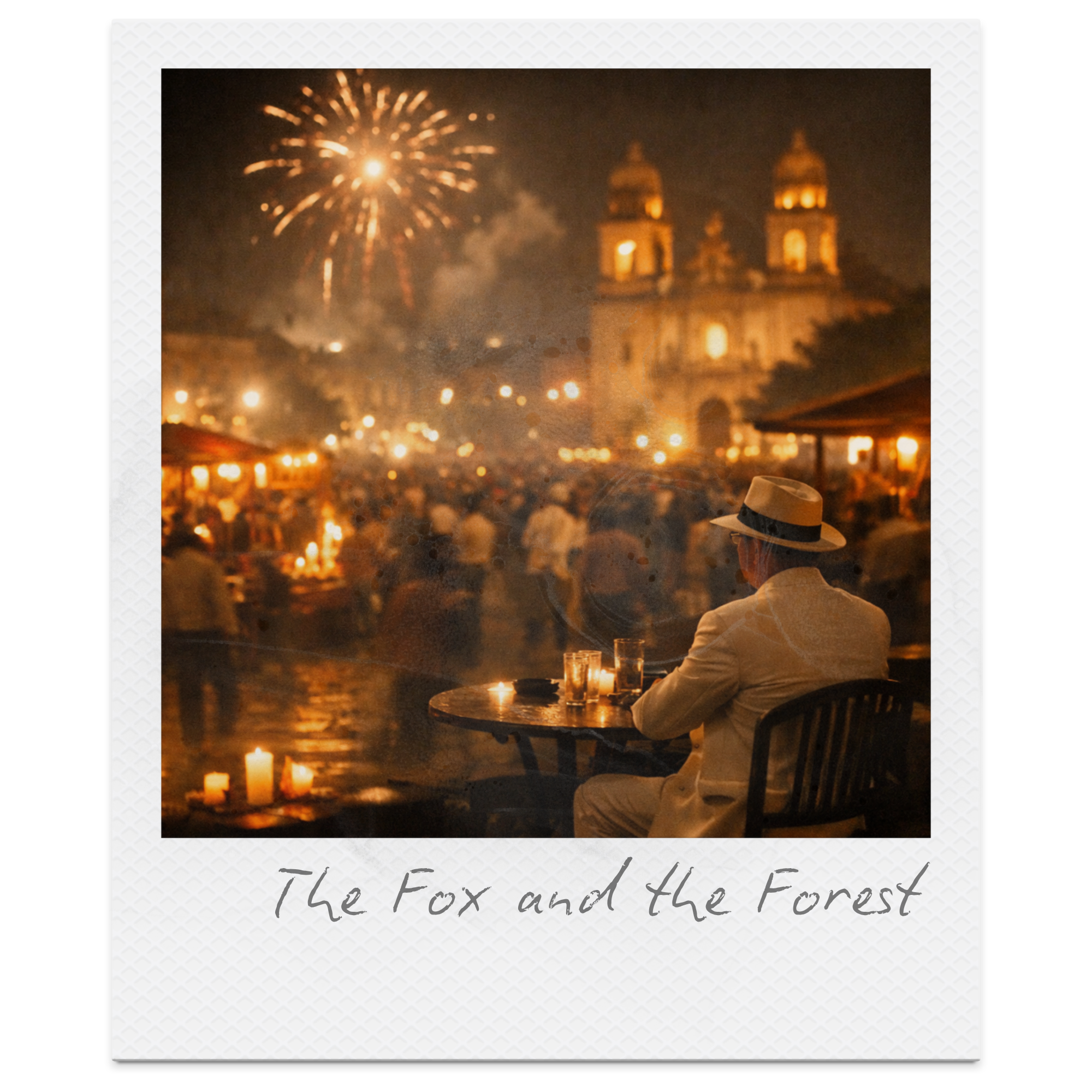 A man wearing a white suit and a fedora hat sitting at a table with drinks and candles in a nighttime outdoor setting, with fireworks and a lit church in the background, captioned 'The Fox and the Forest'.